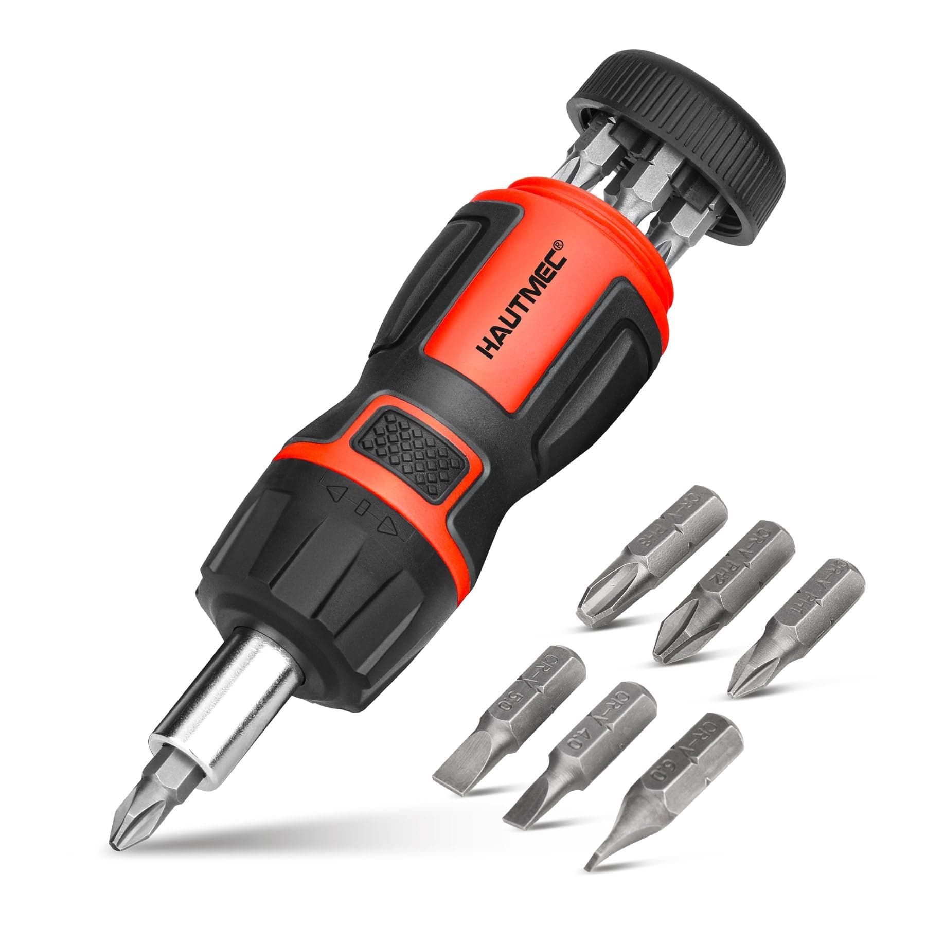 HAUTMEC6-in-1 Stubby Ratcheting Screwdriver Set, Multi Screwdriver Tool All in One, Ratchet Screwdriver Set with Multi Bit Screw Driver, Chrome Vanadium Steel Shaft, 3PCS Phillips and 3PCS Slotted