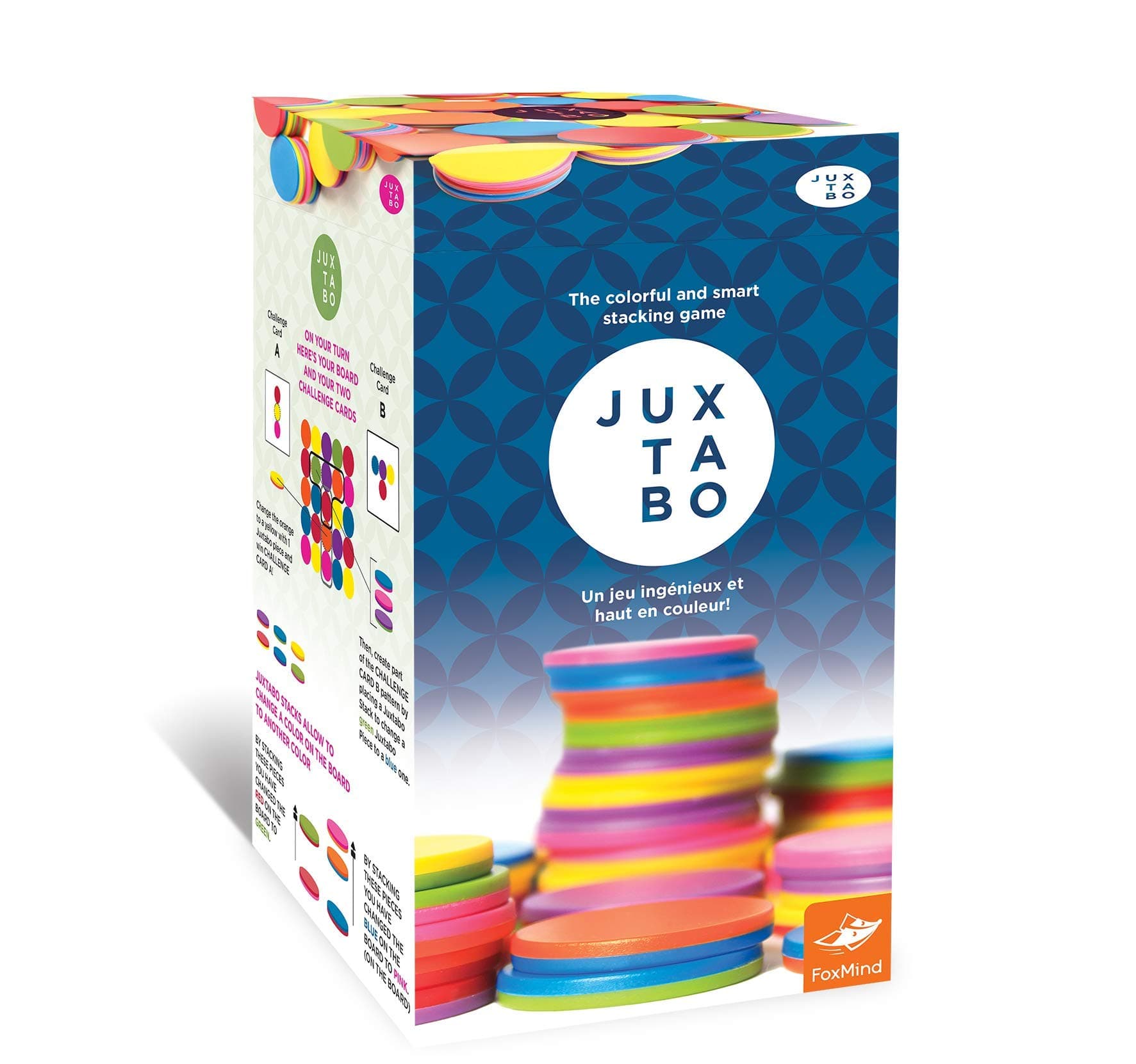 FoxMind Games, Juxtabo, Strategy Game, Create Patterns with Colored Chips Patterns and Challenge Cards, Colorful 3D Game