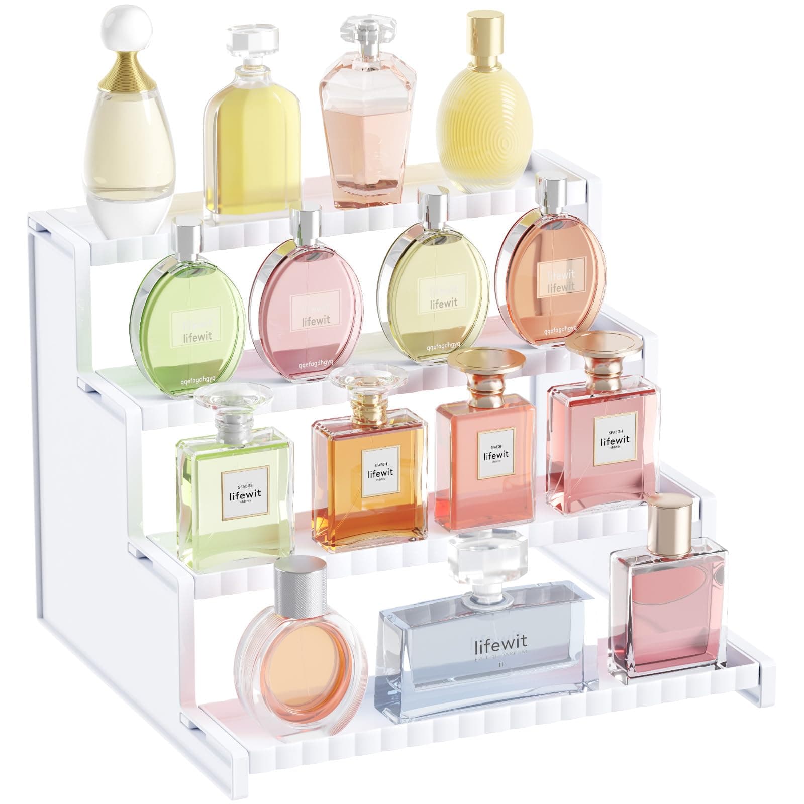 Lifewit 4 Tier White Display Riser Stand with Decorative Secure Fences, Tool-free Assembly, Plastic 12 Inch Perfume Organizer, Display for Figures, Cupcake, Dessert, 1-pack