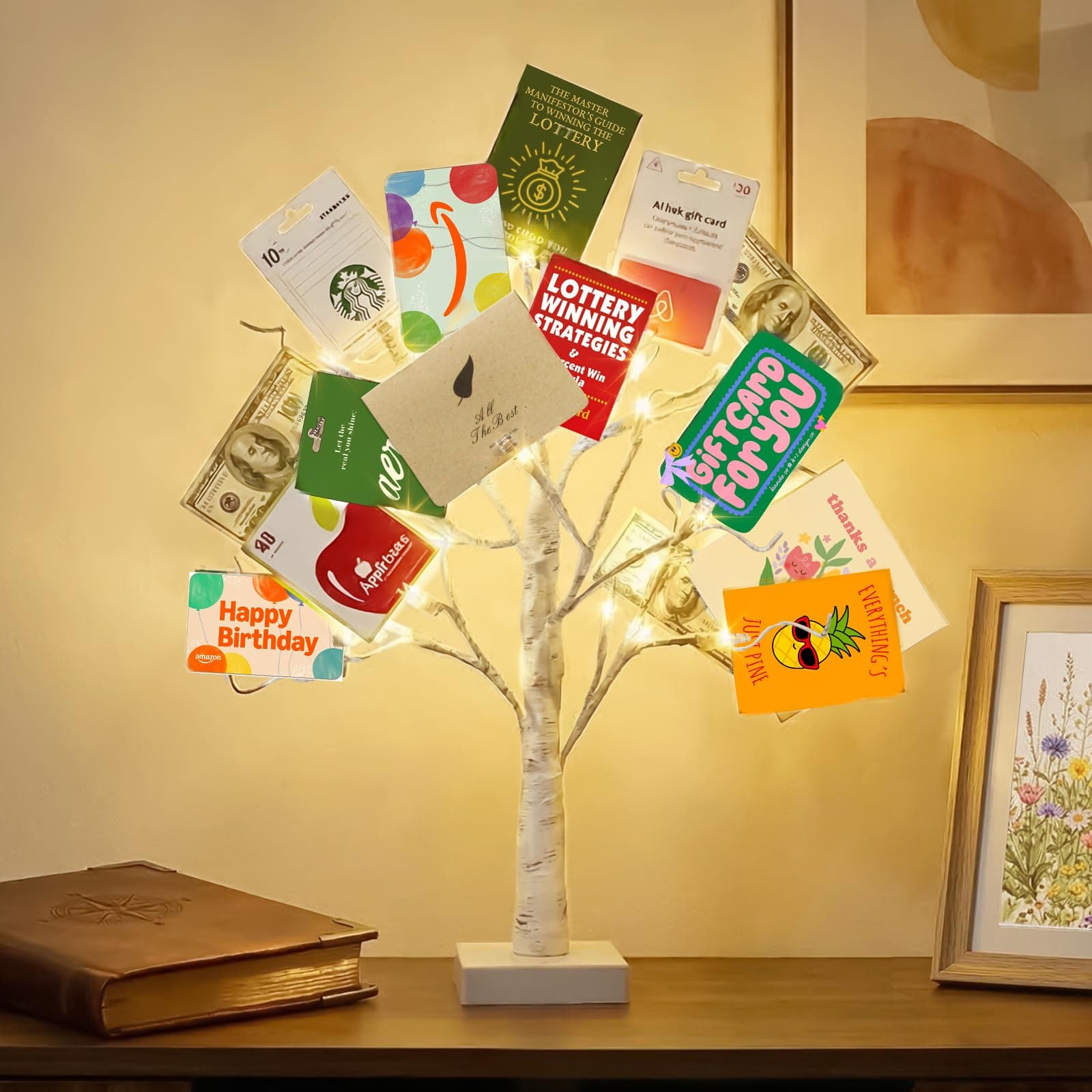EAMBRITE Money Tree Gift Holder, Lighted Birch Tree 2FT 24LED, Battery/USB Powered Timer Light Up Display Twig Gift Card Tree with 12 Clear Clips and 6 Cards for Home Christmas Graduation Photo Memo