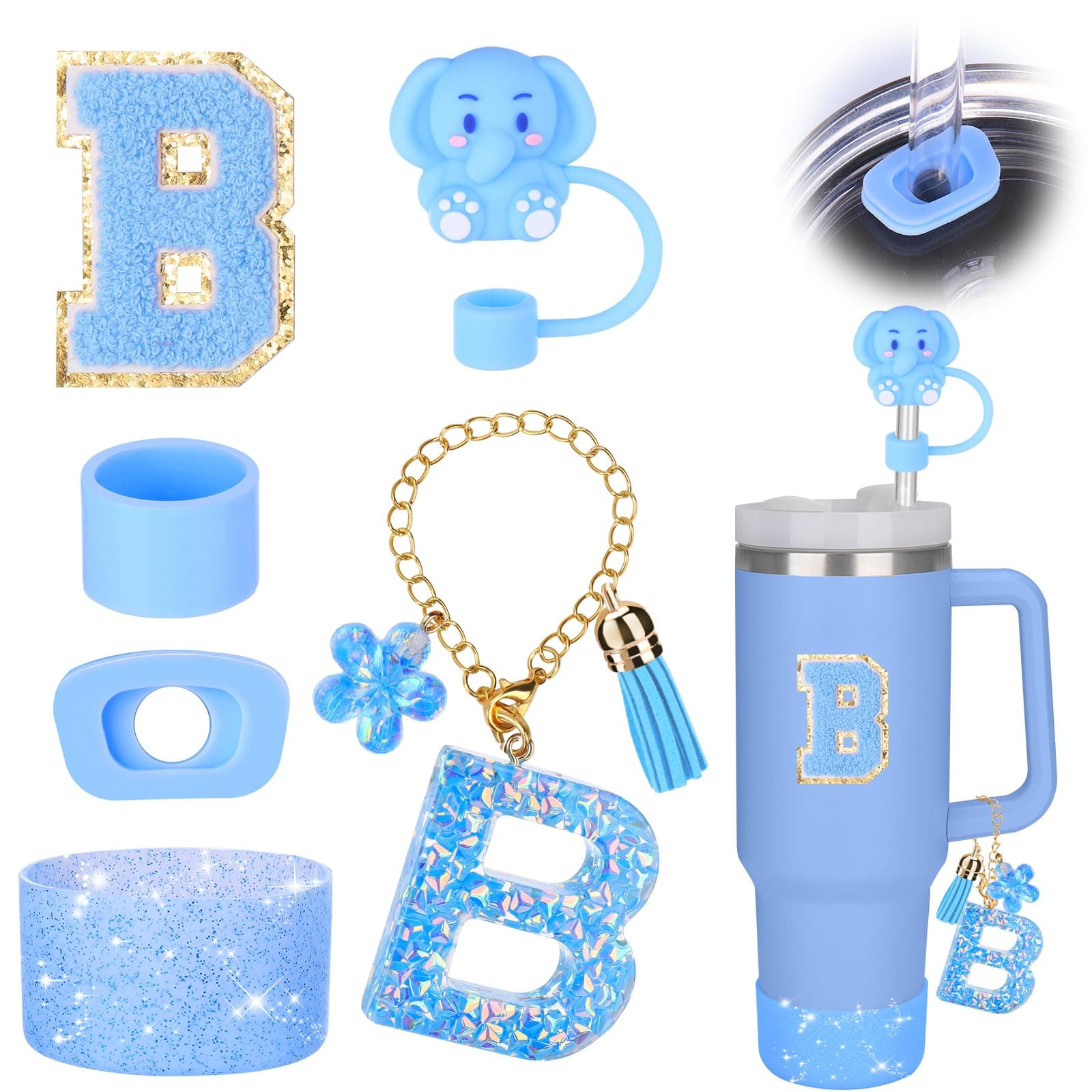 Mity rain Cup Accessories Set for stanley 30 oz 40 oz tumbler with handle, Including Initials Charms, Straw Cover Cap, Boot, Sticker, Silicone Spill Proof Stopper,Blue Decorate for Boy Girl (Letter B)