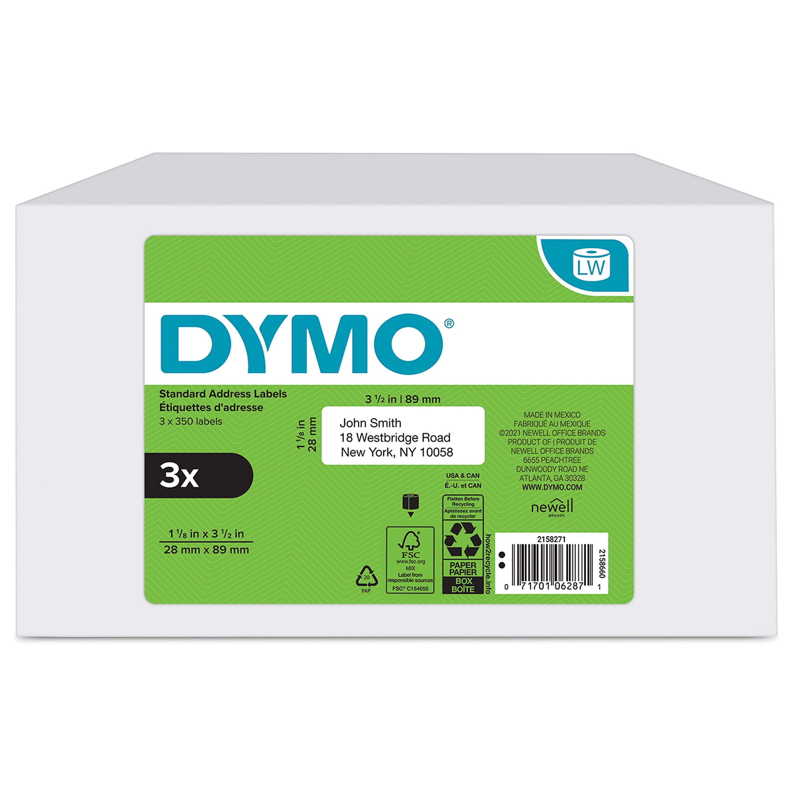 DYMO Authentic LW Mailing Address Labels for LabelWriter Label Printers, (1-1/8" x 3-1/2"), 3 Rolls of 350 (1050 Total)