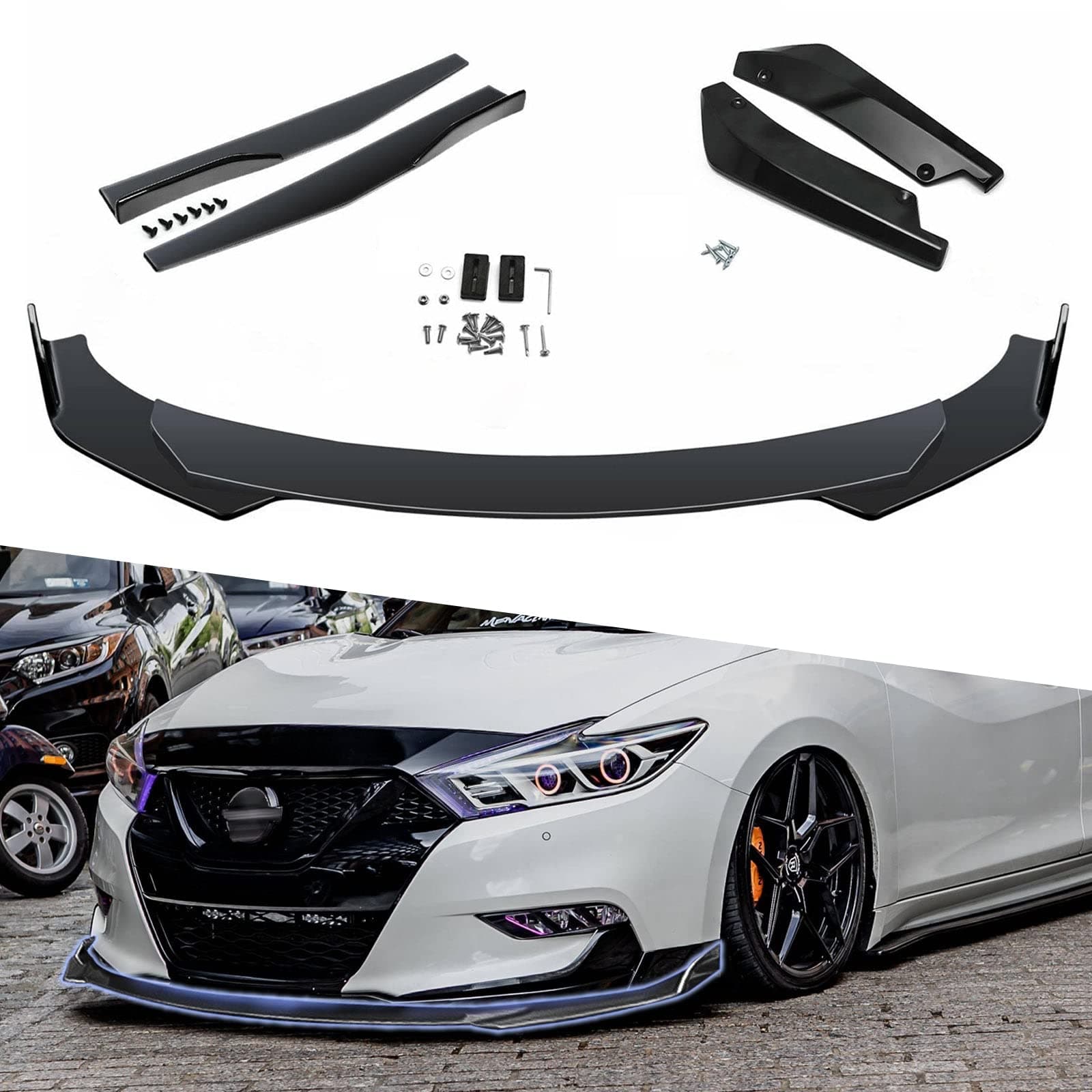 x xotic tech Front Bumper Lip Spoiler + Side Skirt Splitter + Rear Bumper Lip Wrap Splitter Canard,Compatible with Nissan Maxima Versa Sentra Altima (Black)