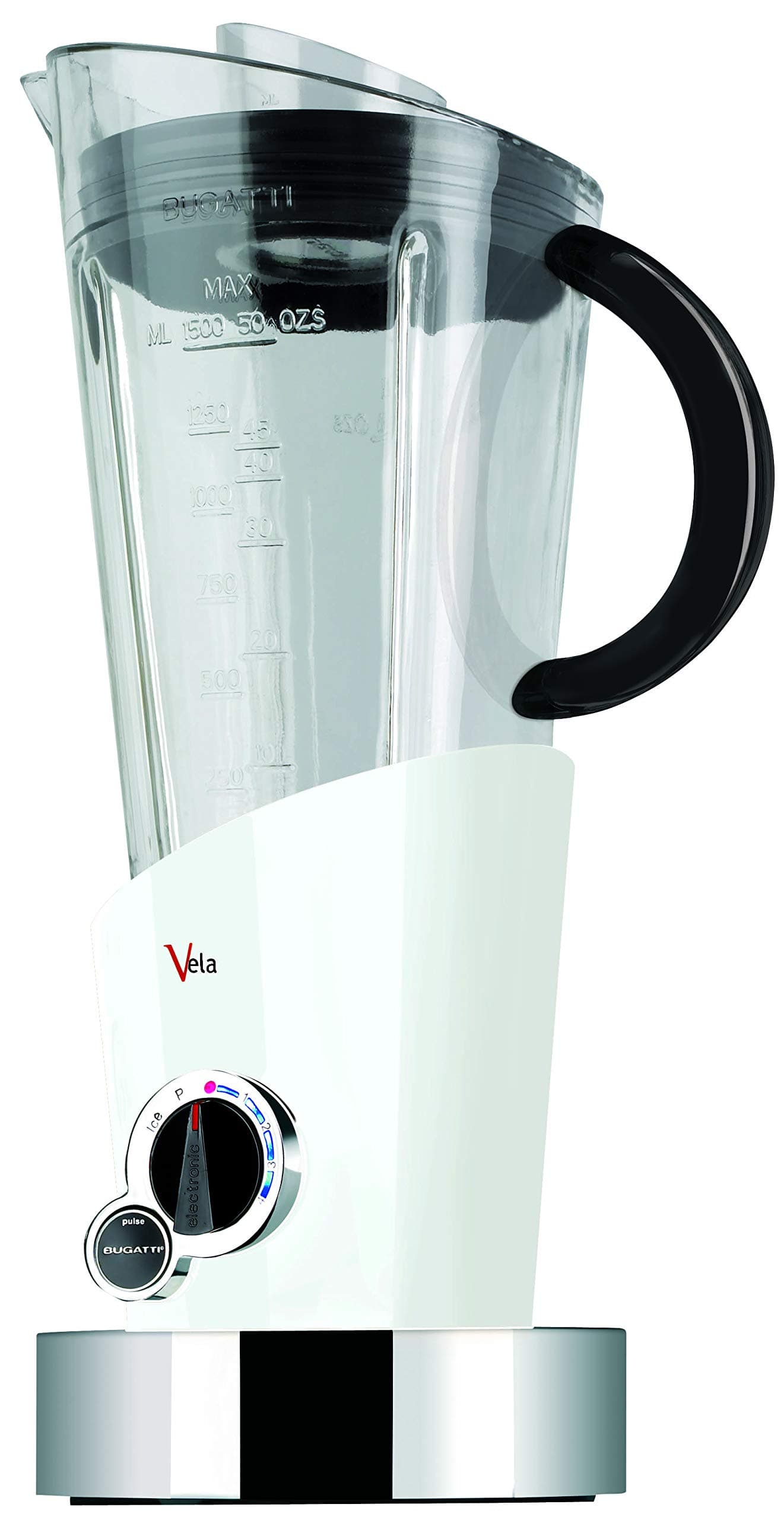 BUGATTI, Vela Evolution, Electric Blender for Milk Shakes and Smoothies, Ice Crusher Function Included, 4 Speeds, Capacity 1.5 Liter, 500 W, Innovative Design (White) [Energy Class A]