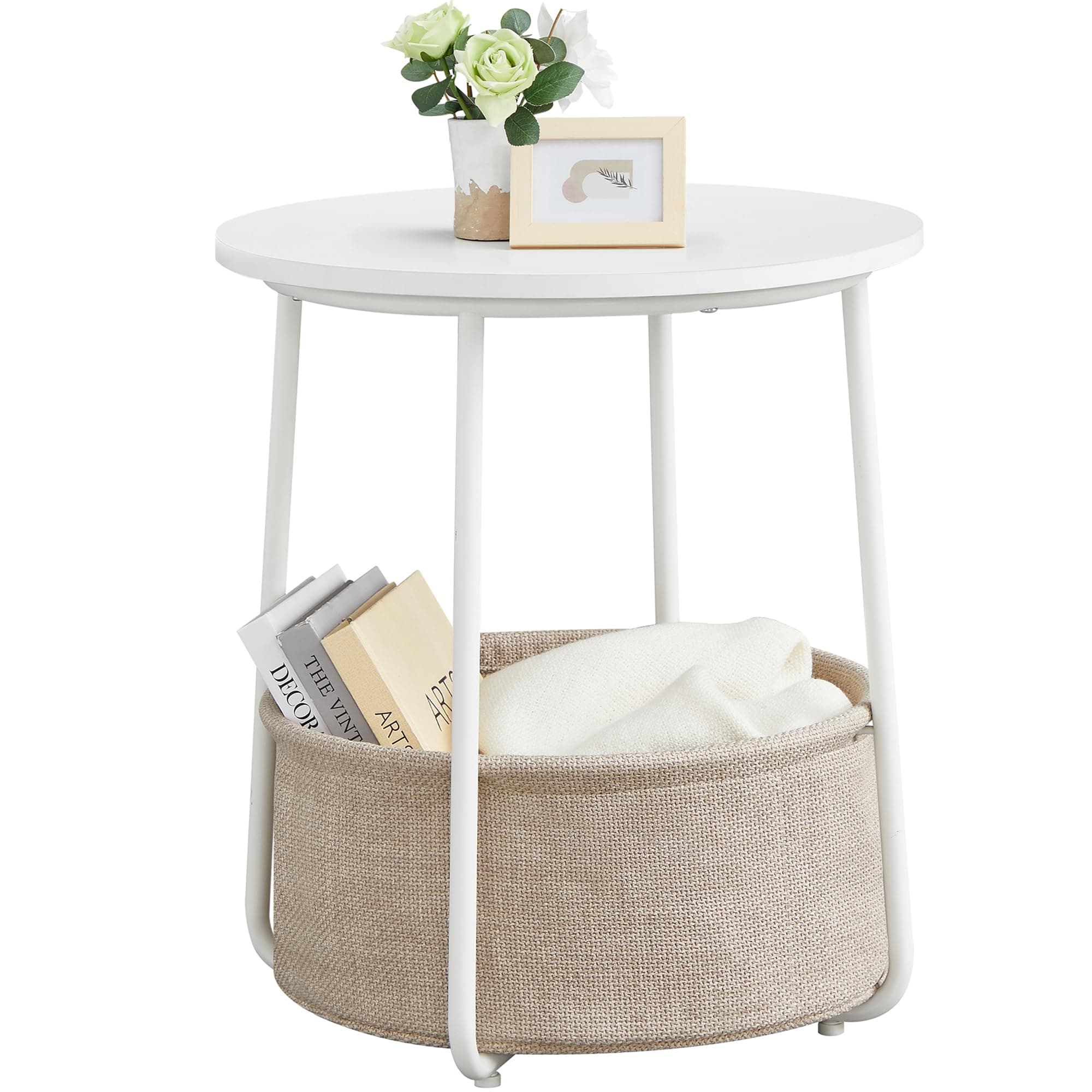 VASAGLE Round End Table with Removable Storage Basket, for Living Room and Bedroom, White