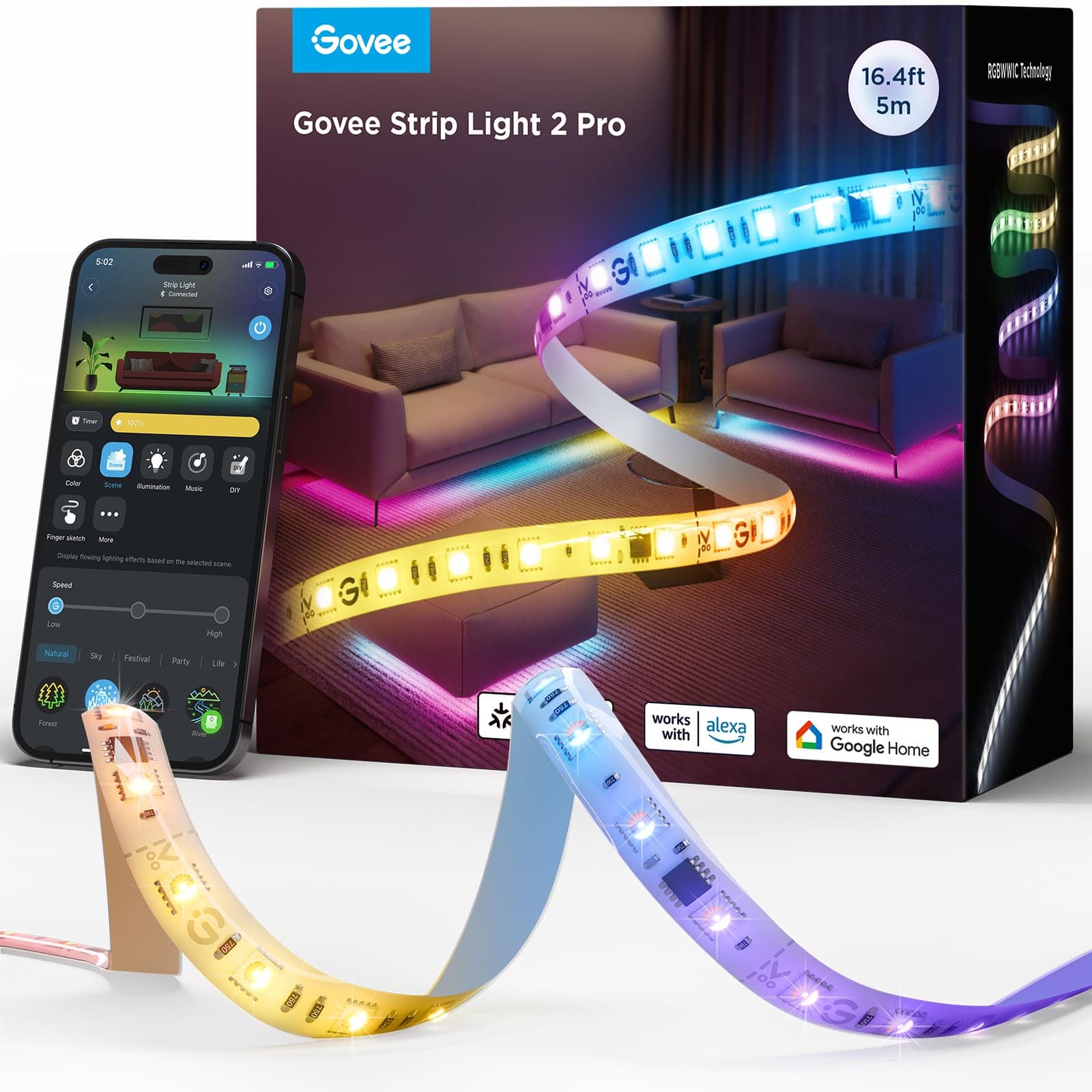 Govee RGBWWIC Strip Light 2 Pro with Matter, 16.4ft Smart LED Strip Lights Work with Alexa and Google Assistant, DIY Color Changing Light Strip, LED Lights for Bedroom, Cabinet, Party, Home Decor