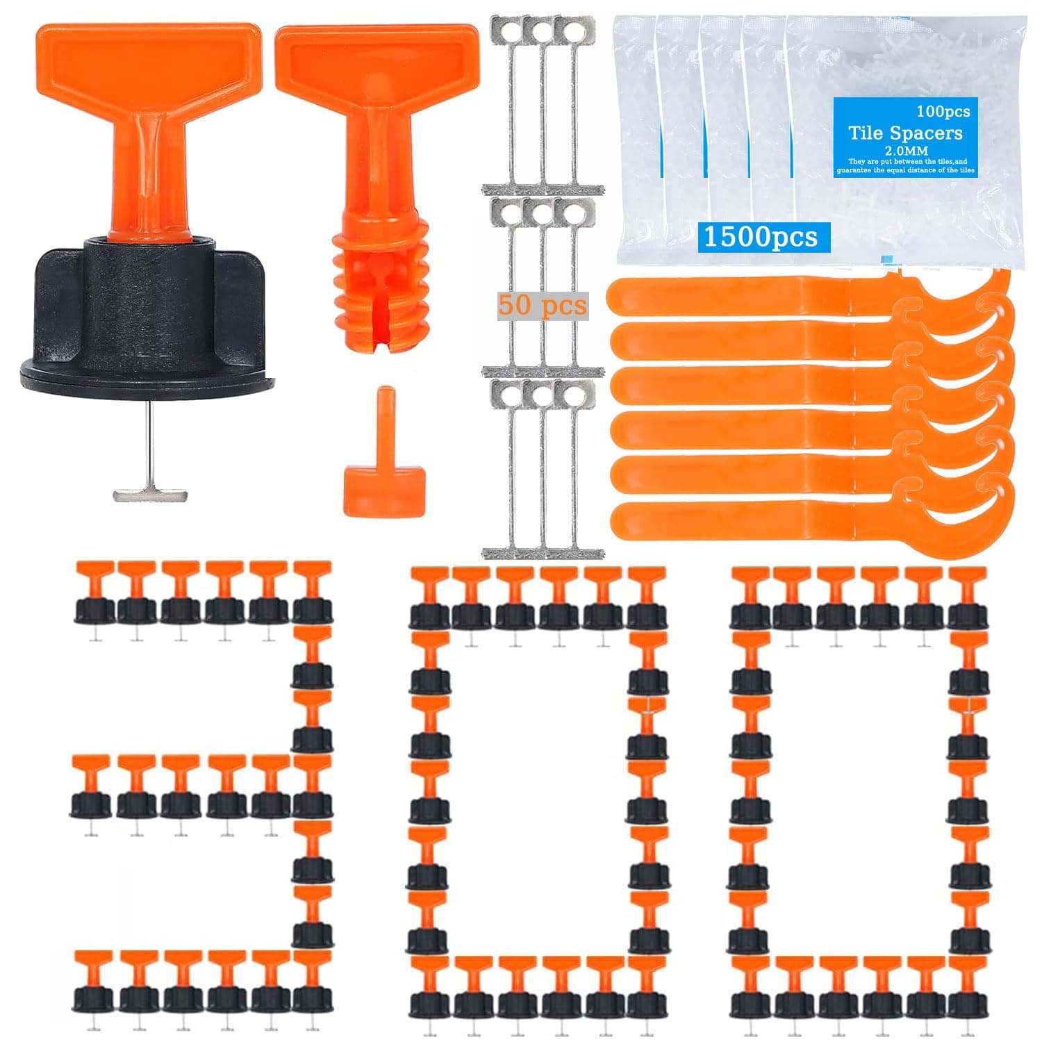 Tile Leveling System Kit,300pcs Reusable 1/16" Tile Leveler Spacers+1500pcs Cross-shaped Tile Spacers+6pcs Wrench+1pack 1/16" Replaceable Spare Steel T-Pin,Tools for Wall Floor Tile Adjustment