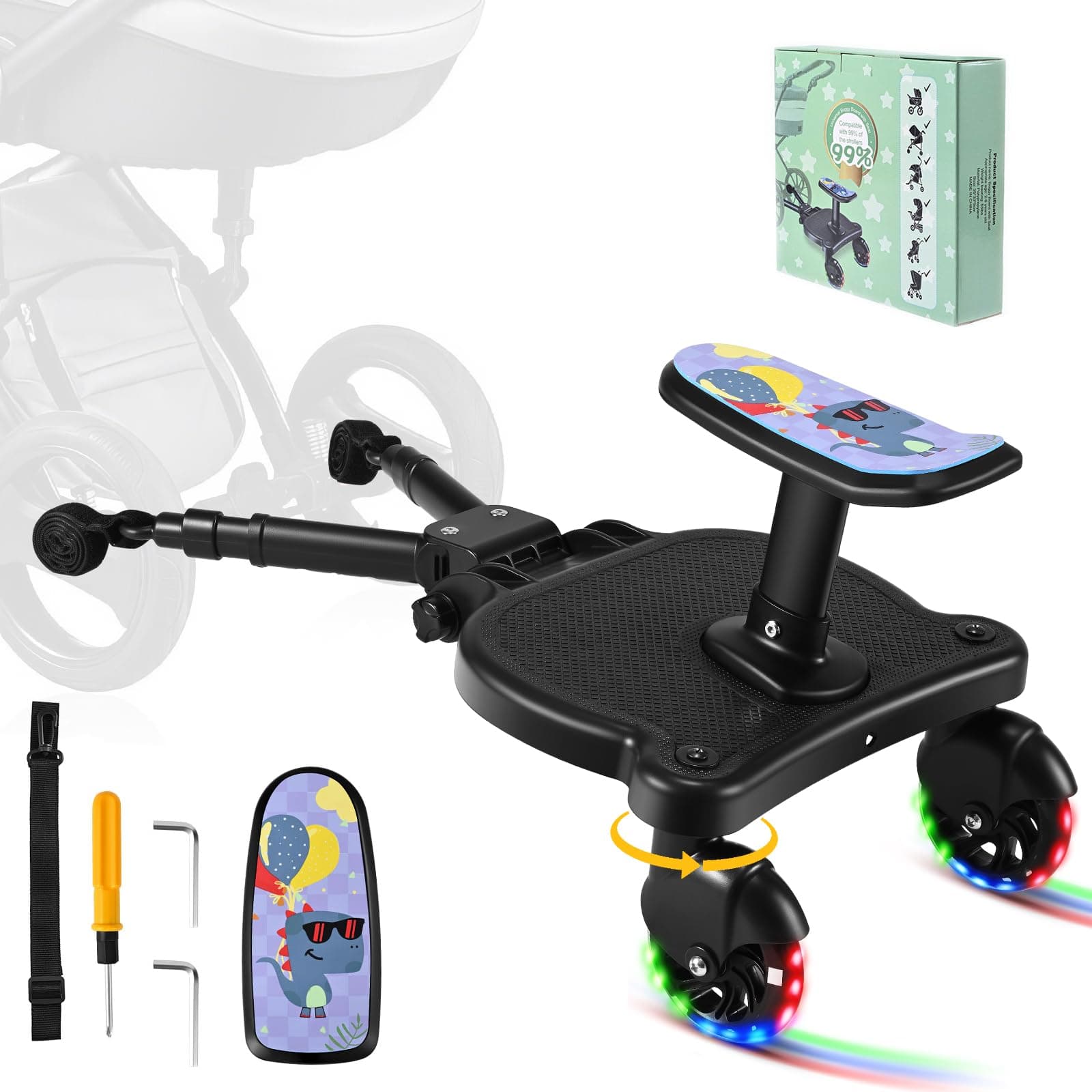 Universal Buggy Board, Kiddy Board with LED Flashing Wheels, Buggy Board with Patterned Seat, Compatible with Over 99% of Pushchairs, Pram Standing Board for Children from 2-6 Years(25KG)