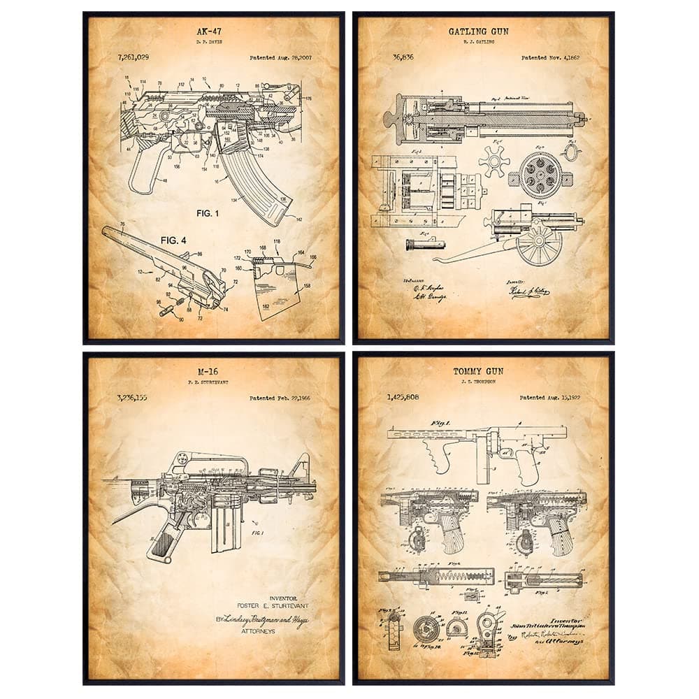Original Famous Automatic Weapons Wall Art Patent Prints - Unframed Set of Four - Great Gift for Gun and Firearm Enthusiasts - Man Cave Home Decor - Ready to Frame (8x10) Vintage Photos