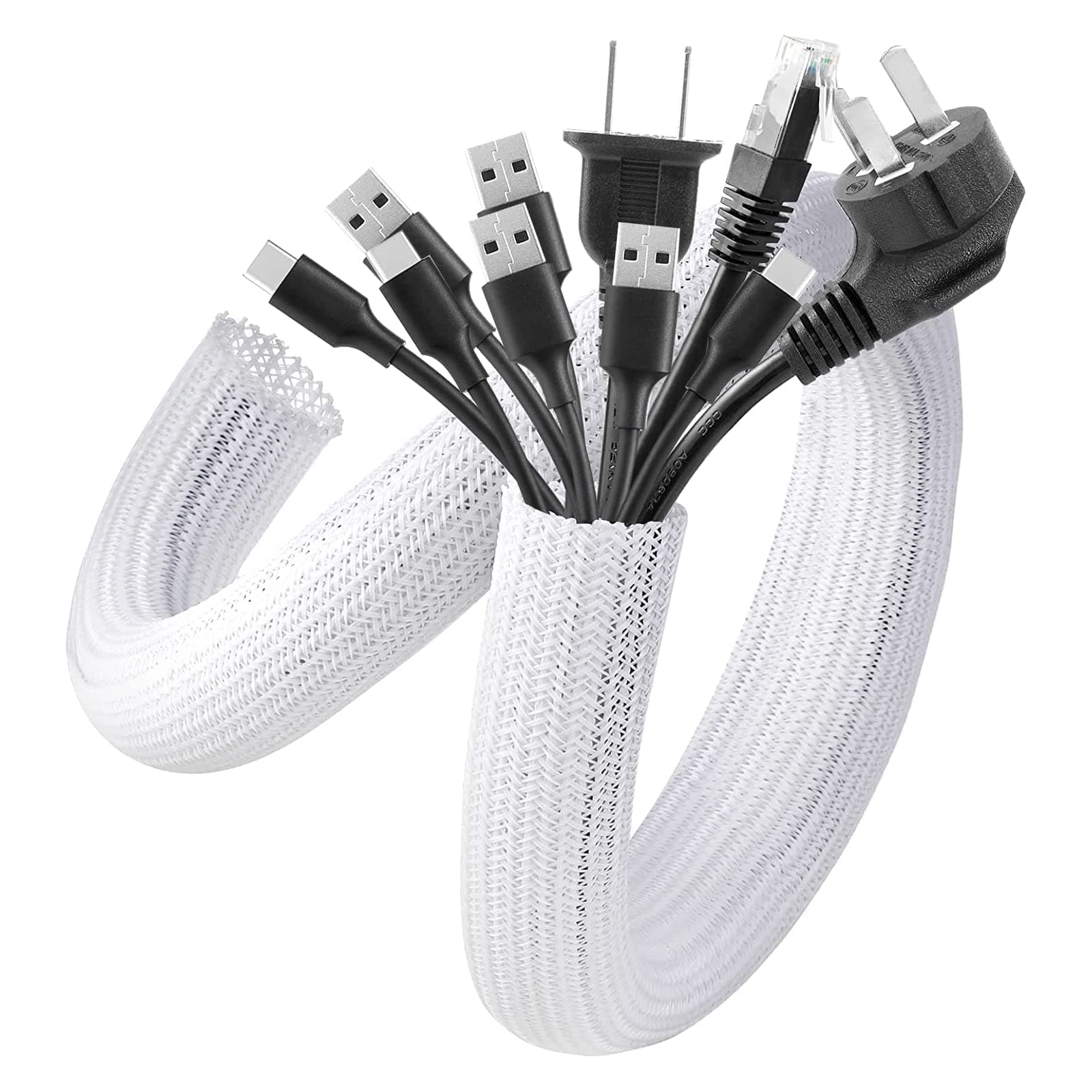 Adjustable 3m/9.84ft Braided Cable Sleeve, Wire Management Sleeve Hider for TV Desk PC Cable Wraps with Flame Retardancy Wires Organizer and Protector(White)