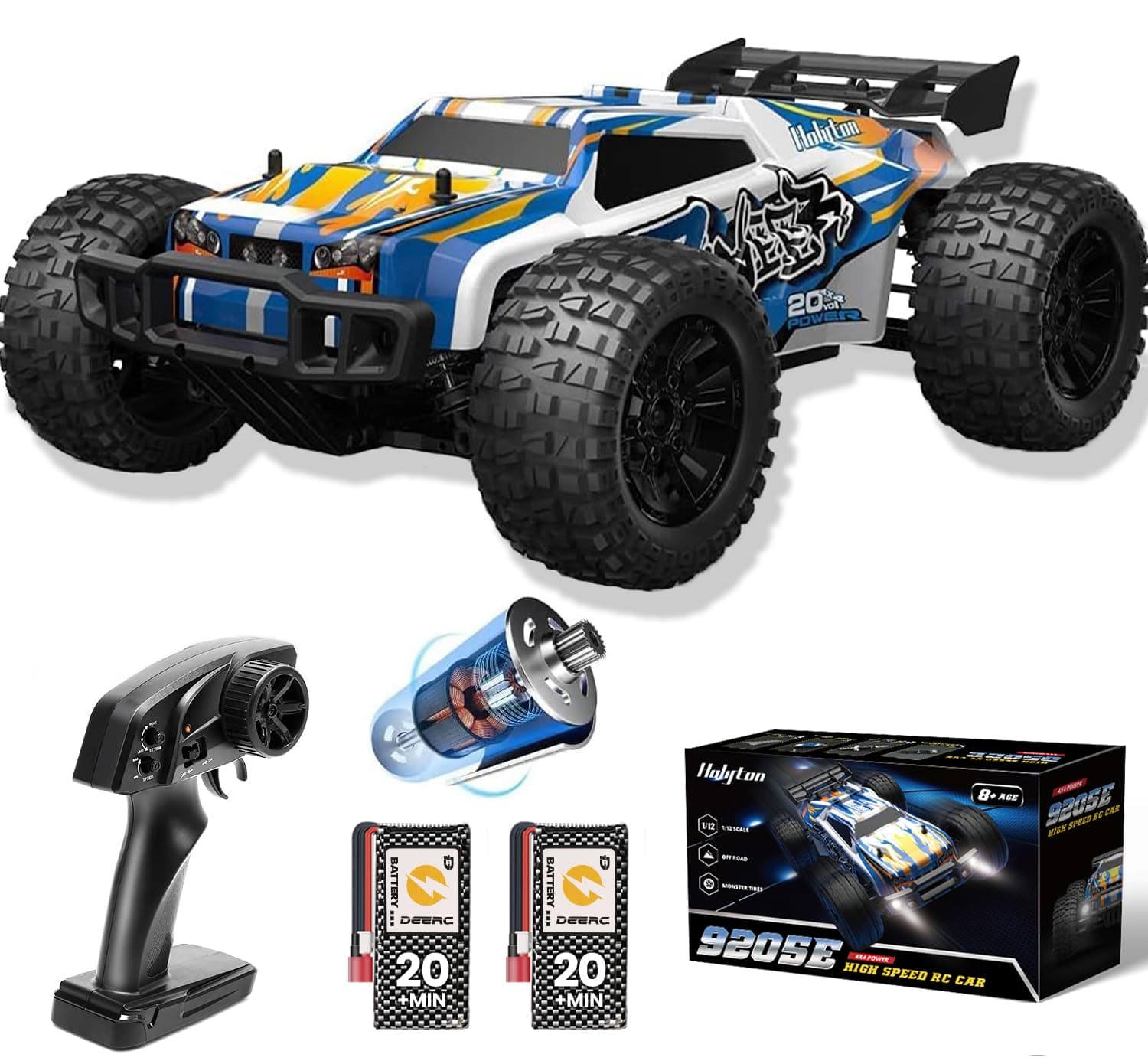 – 9205E 1:10 Remote Control Truck with Lights, 48 km/h High Speed 4x4 RC Car, 40+ Min Play Time, 2 Batteries, All Terrain Off Road Monster Crawler RC Vehicle, Hobby Grade for Adults and Kids