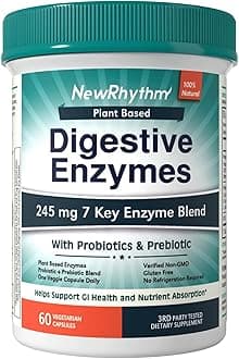 NewRhythm Digestive Enzymes 245 mg, with Probiotics and Prebiotics, Plant Based, 7 Key Enzymes, Digestion, Nutrient Absorption, Protease Amylase & Lipase, 60 Vegan Capsules