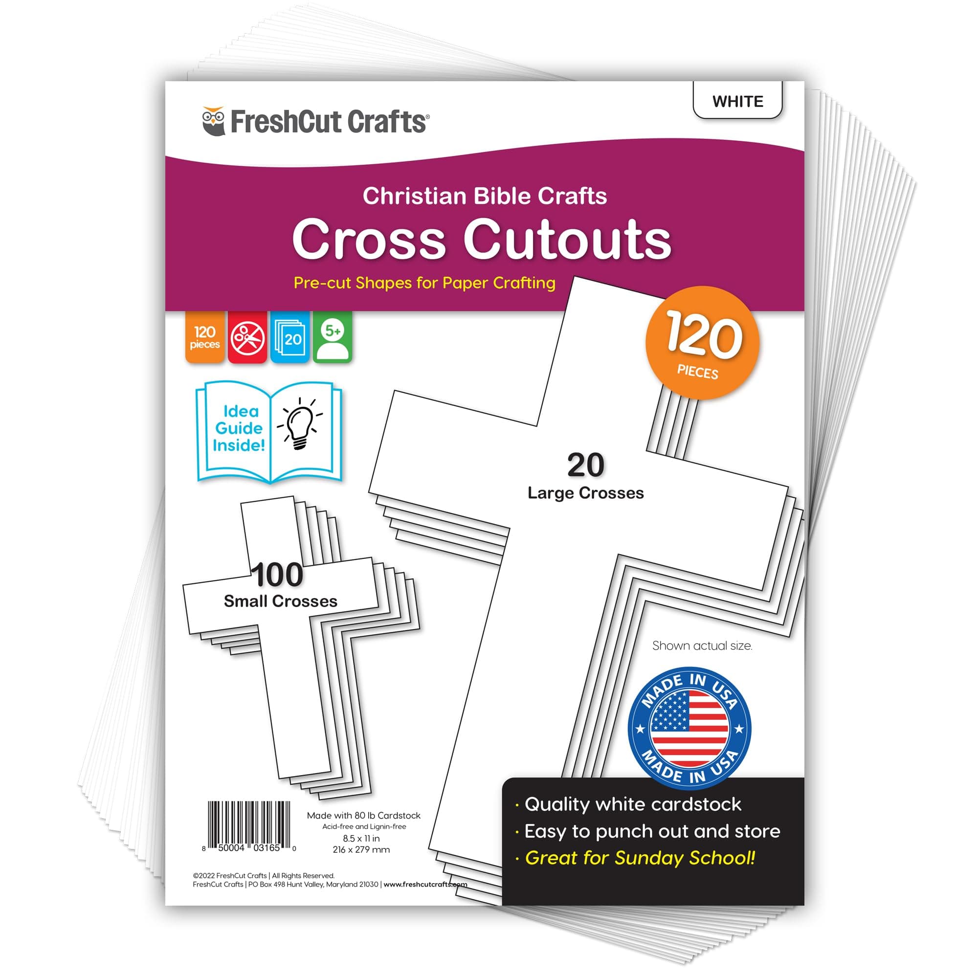 100 Pieces White Cross Cutouts with IDEA Guide, 2-Sided US Made Card Stock Punch Out Large and Small Crosses for Bible Crafts, Sunday School, Classroom Decor & Faith-Based Activities