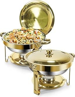 Gold Chafing Dish Buffet Set 5L [Robust and Easy Assembly],2 Pack Round Chafing Dishes,Stainless Steel Warming Containers[Elegant Gold and Silver],Food Warmer for Catering Buffet and Any Party