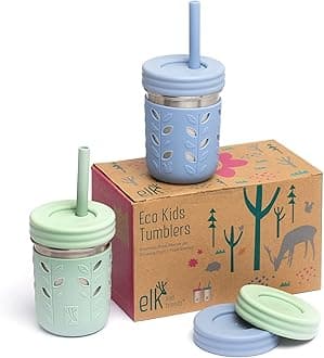 Elk and Friends 10oz Stainless Steel Kids + Toddler Drinking Cups | The Original Mason Jars with Lids + Sleeves + Straws | Smoothie Cups | Spill Resistant | Dishwasher Safe | 2 Pack