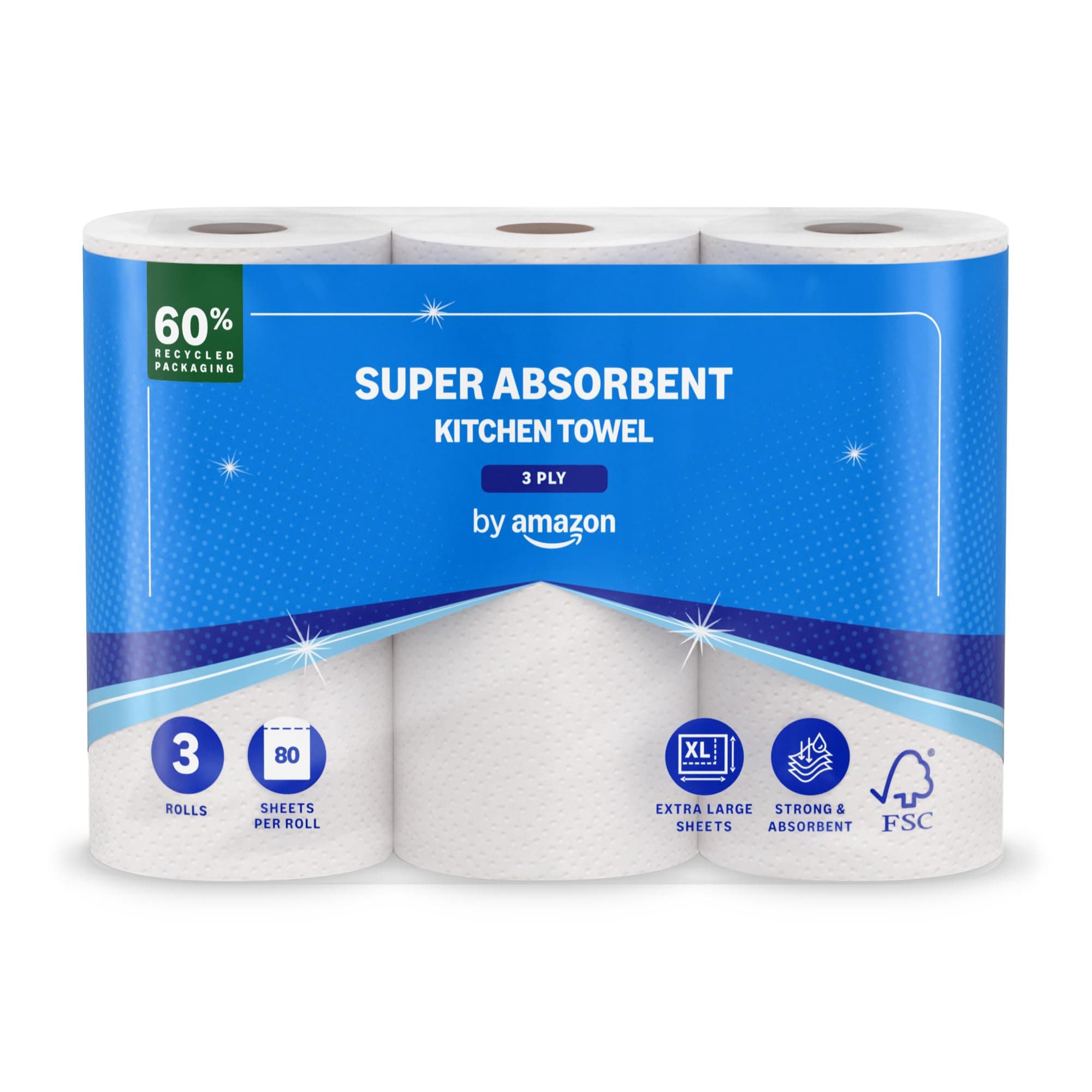 by Amazon Super Absorbent Kitchen Towel, 3-ply, 3 Rolls (1 Pack of 3), 80 Sheets per Roll, FSC Certified