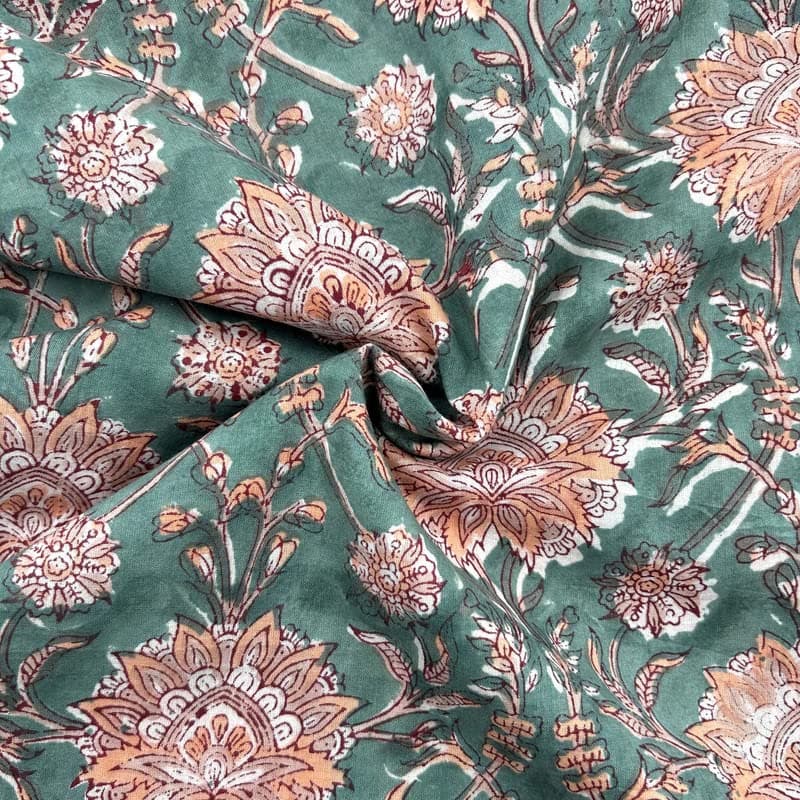 E-Tailor® Indian Handmade Ethnic 100% Cotton Running Hand Block Print Natural Fabric for Dressmaking, Sewing, Crafting, Upholestry Fabric by The Yards (Jungle Green, 1 Yards)