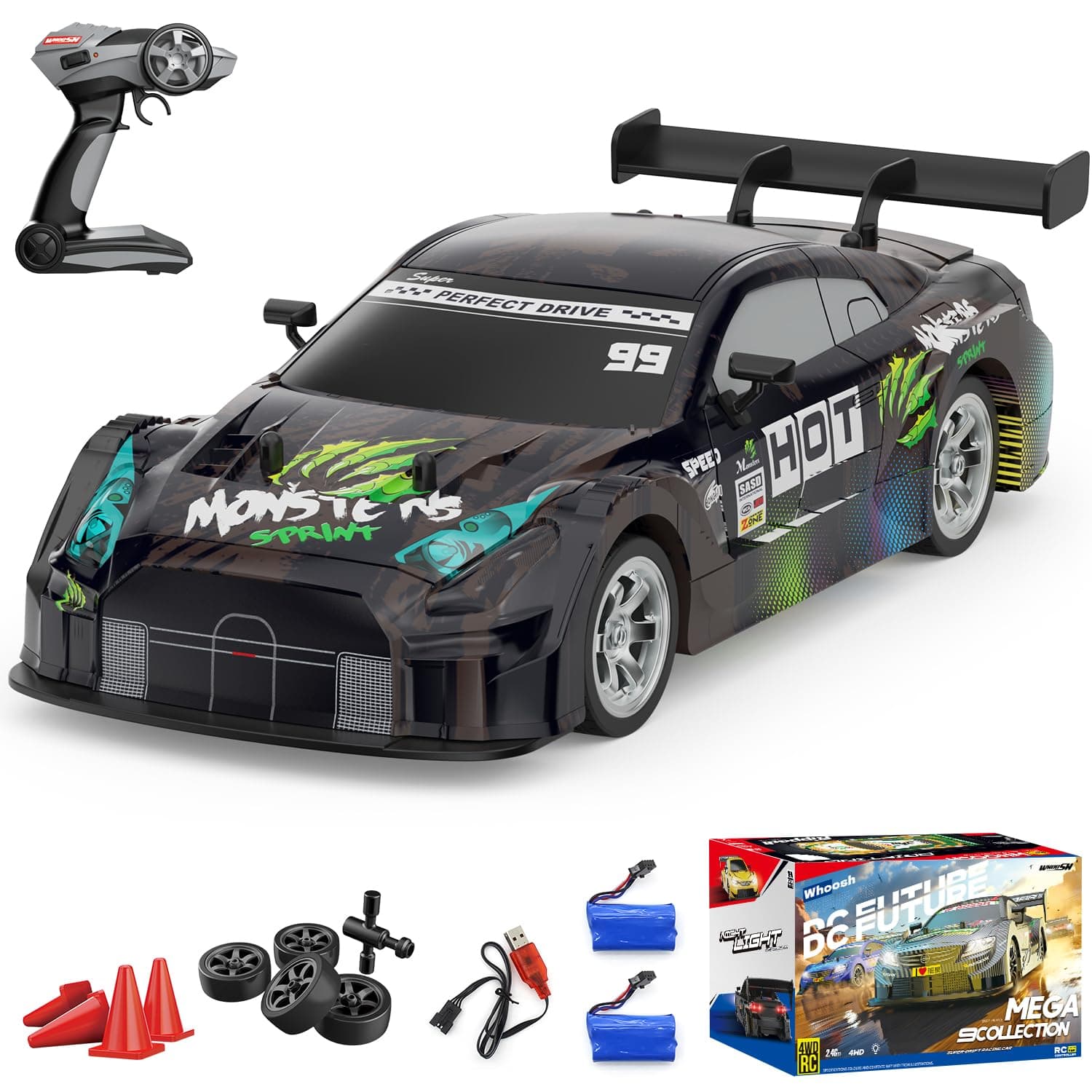 Dollox RC Drift Car 1/16 Scale Remote Control Car 2.4GHz 4WD 30+KM/H High Speed Vehicle with LED Lights, Extra Drifting Tires Racing Black Vehicle Toys Birthday Gifts (191AB)