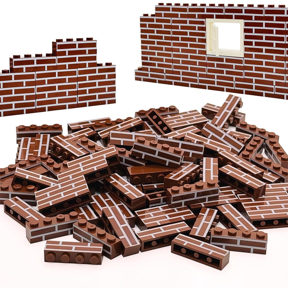 100Pcs Classic Wall Building Bricks,1x4 Masonry Profile Bricks Blocks Parts and Pieces Compatible with Major Brands Construction Toys for Kids 6yrs+ (100Pcs Brown)