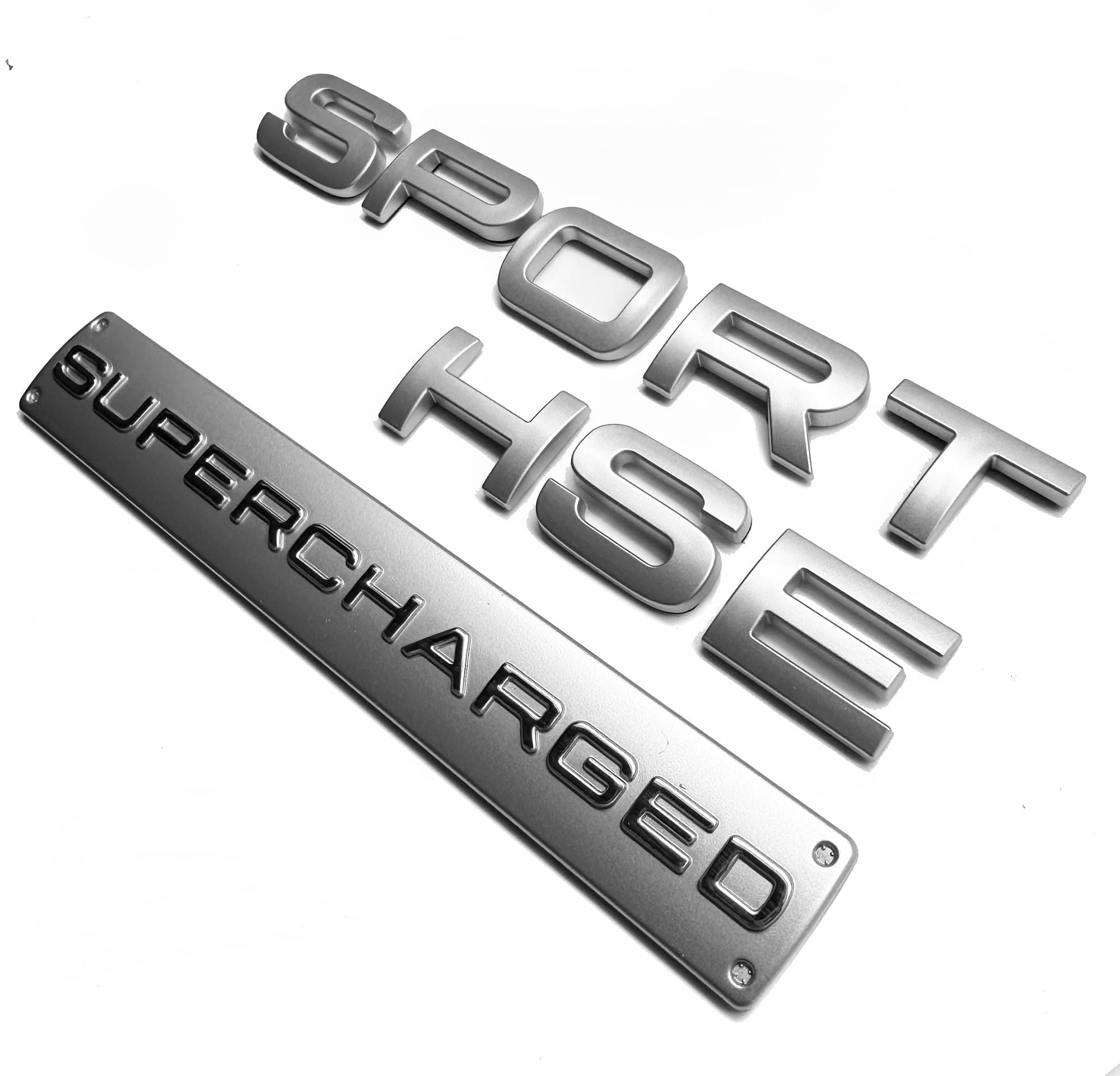 3pc 3D Silver sport supercharged badges emblems with adhesive backing fits range rover, land rover, trucks, and cars.