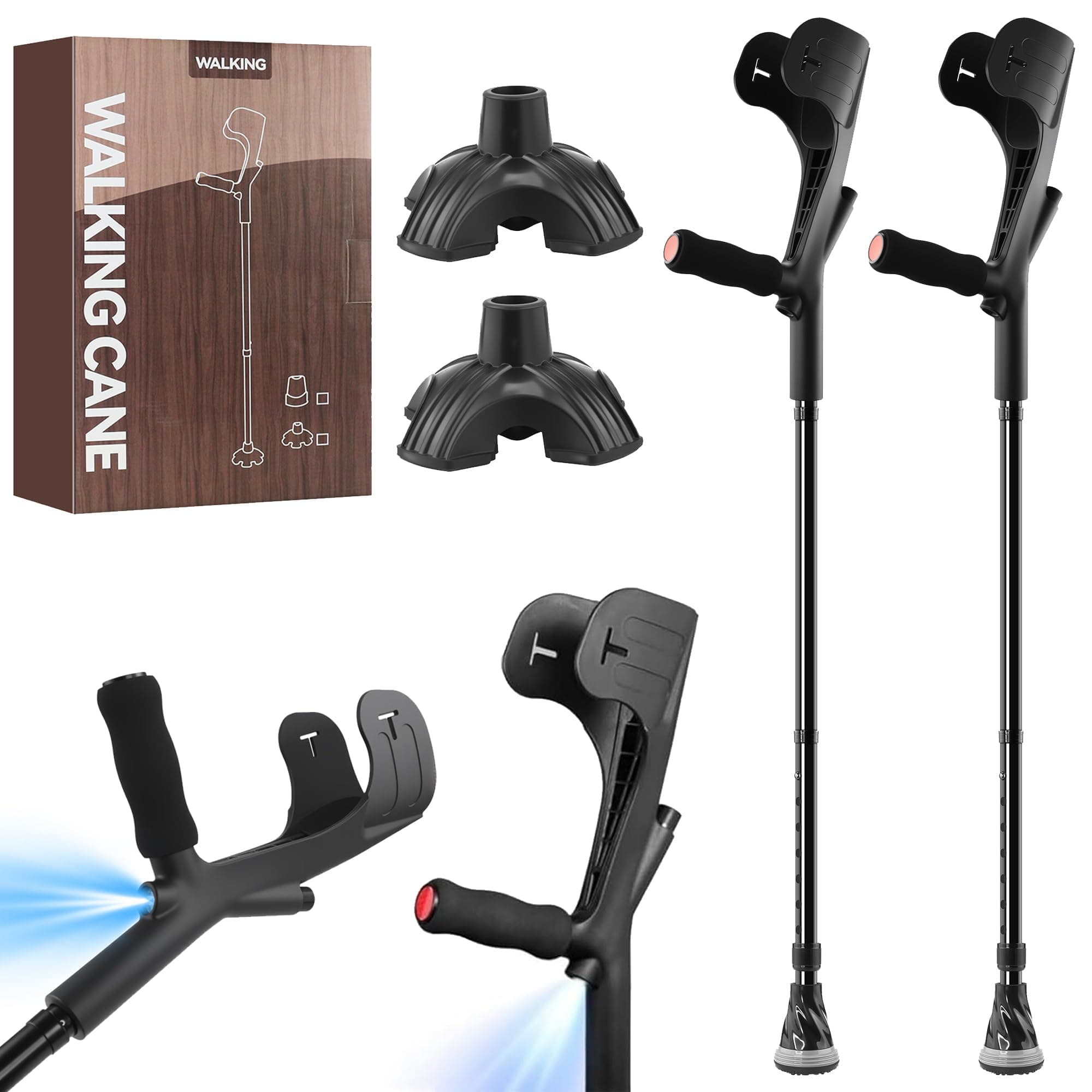 2 Pcs Forearm Crutch for Adults with Light, Foldable Lightweight and Adjustable with Handle Pads, Aluminum Crutches for Heavy Duty Work Walking (Black)