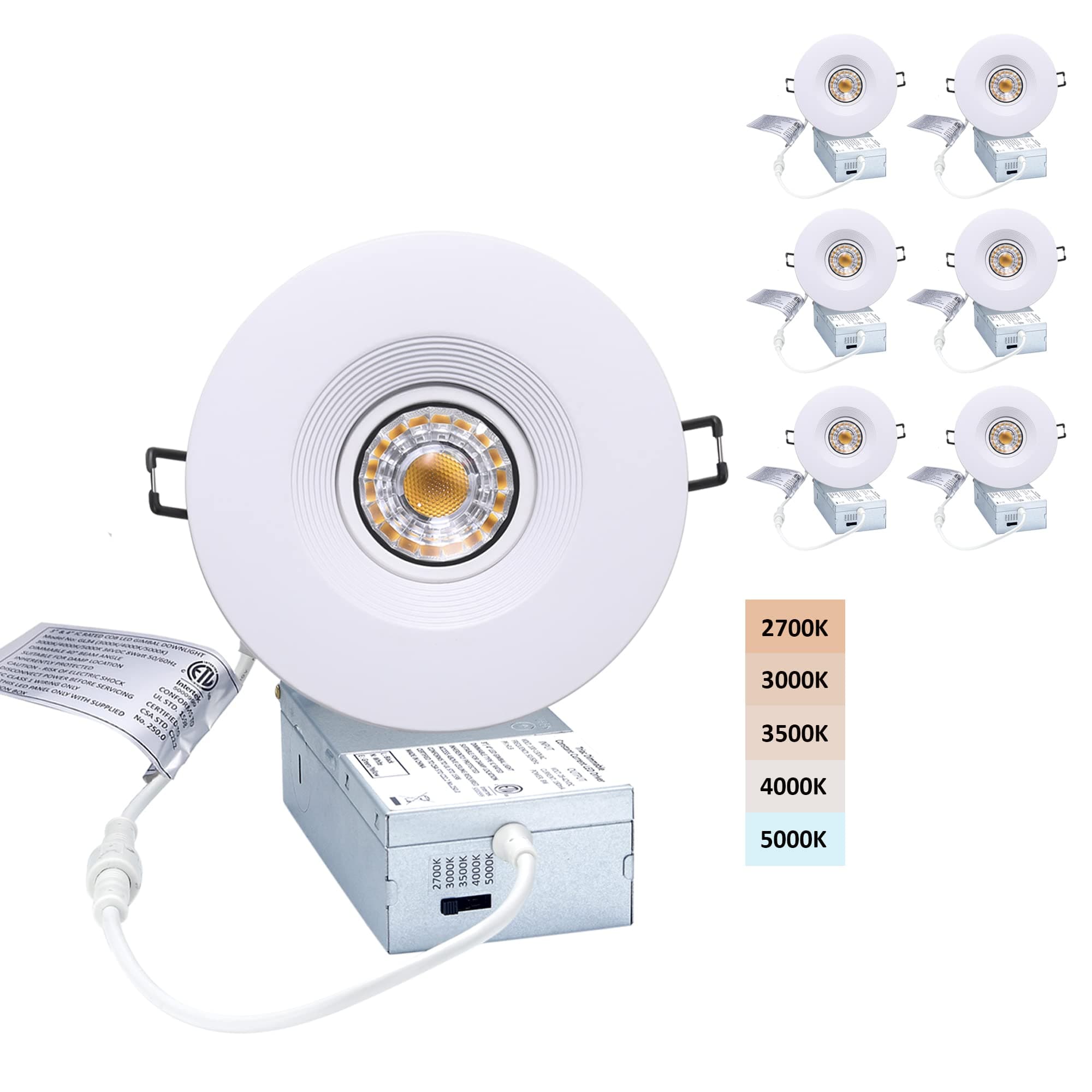 POPANU Premium Canless Recessed Gimbal Downlight Rotatable-Spotlight 5 CCT 4 Inch Eyeball Ceilling Potlight, Dimmable Lights Fixture with Junction Box, 8W, White Round Trim, with Baffle, 6P