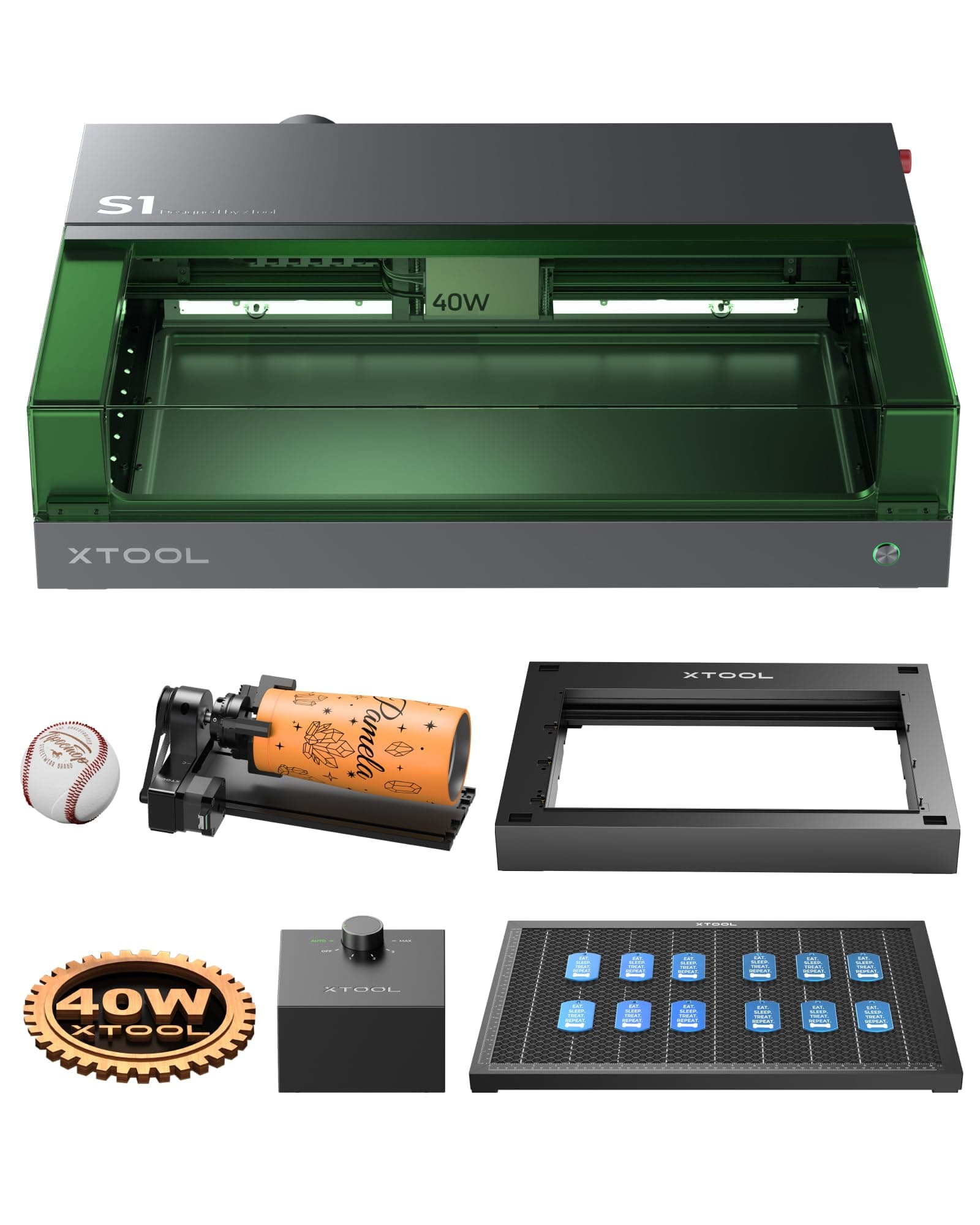 S1 40W Engraver Machine with Riser Base & Honeycomb Working Sheet & Air Assit & RA2 Pro, Enclosed Cutter and Engraving Machine for Wood, Metal, Leather, Acrylic and Glass, Class I Safety