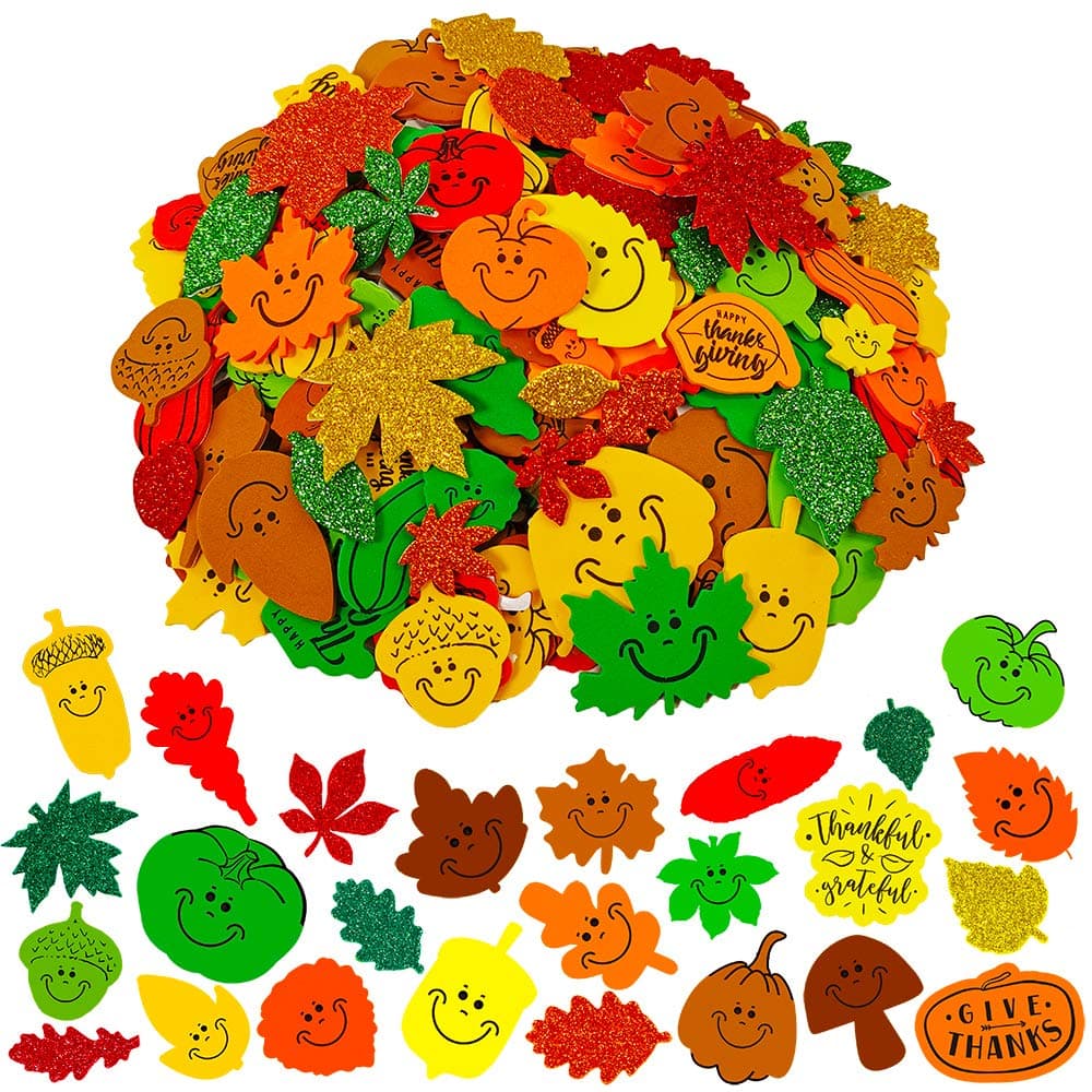 Winlyn 708 Pcs Bulk Foam Fall Leaves Shape Stickers Self Adhesive Smile Face Autumn Maple Oak Leaves Glitter Leaves Stickers 1" 1.5" 2" Embellishments for Kids Craft Halloween Thanksgiving Decoration