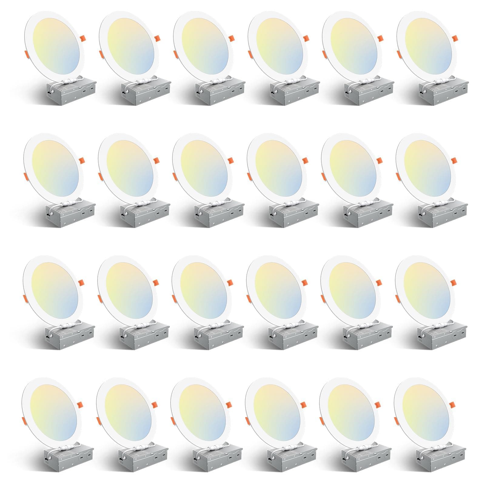 24 Pack 8 Inch 5CCT Ultra-Thin LED Recessed Ceiling Light with Junction Box, 2700K/3000K/3500K/4000K/5000K Selectable, 18W Eqv 125W, Dimmable Canless Wafer Downlight, 1500LM High Brightness -ETL
