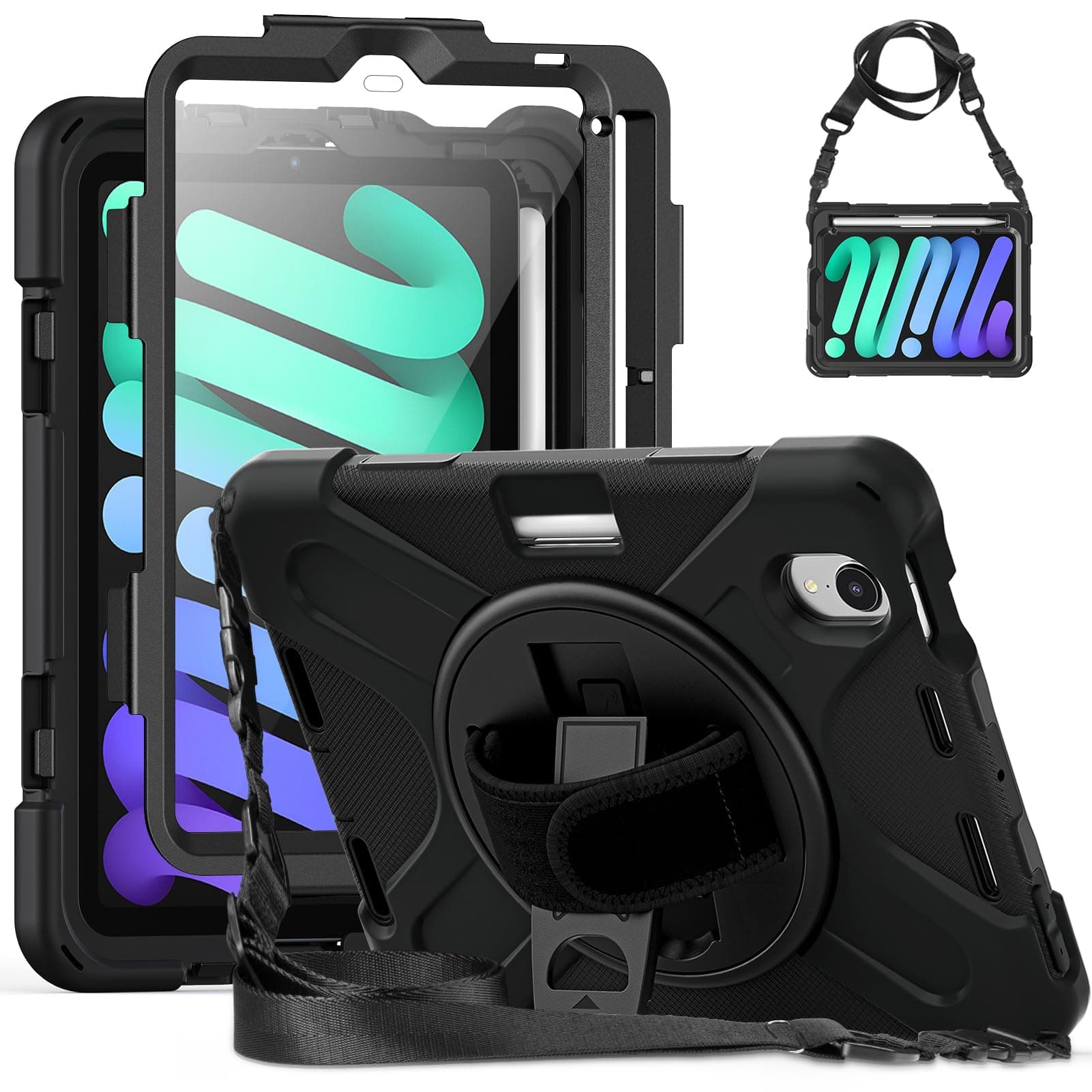 for iPad Mini 7 (A17 Pro)/ iPad Min 6 8.3 inch Case with Screen Protector,Full Body Shockproof iPad Mini 7th/Min 6th Gen Case with [Pen Holder][360 Rotating Stand/Hand/Shoulder Strap], Black