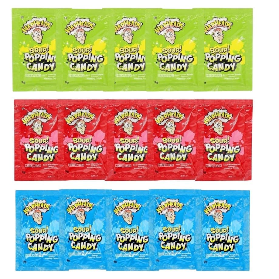Warheads Sour Apple, Watermelon, Blue Raspberry Popping Candy - 10 Packets of 9g Each - Tantalising Sour Popping Sensation - Ideal for Parties & Treats