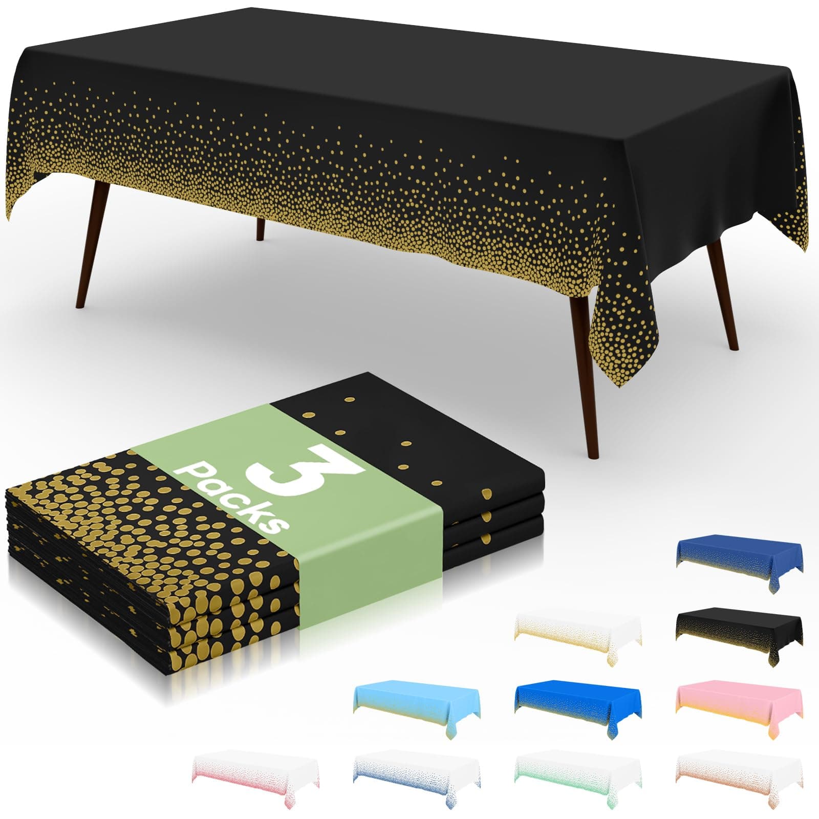 misaya 3 Packs Dot Disposable Table Cloth, 54 x 108 Inch Waterproof Plastic Tablecloth, Rectangle Gold Dots in Black Table Covers for Easter, Picnic, Birthday, Party