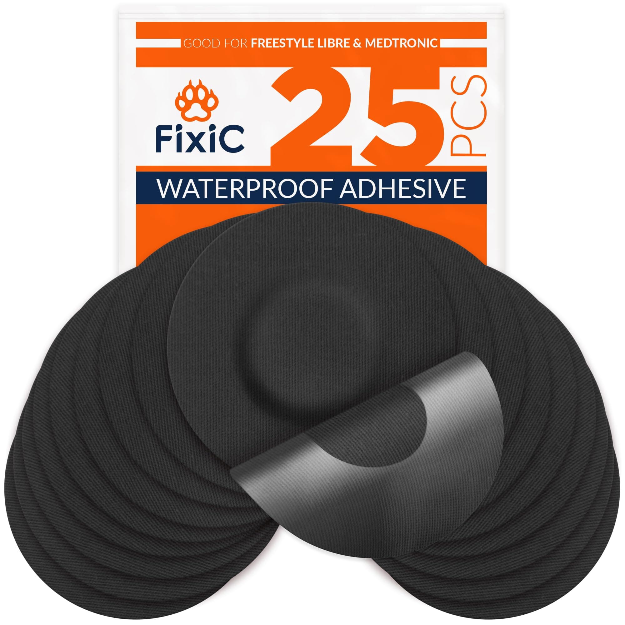 Fixic Freestyle Adhesive Patch 25 PCS – Good for Libre 1, 2, 3 & Plus – Enlite – Guardian – NO Glue in The Center of The Patch – Pre-Cut Back Paper – Long Fixation for Your Sensor! (Black)