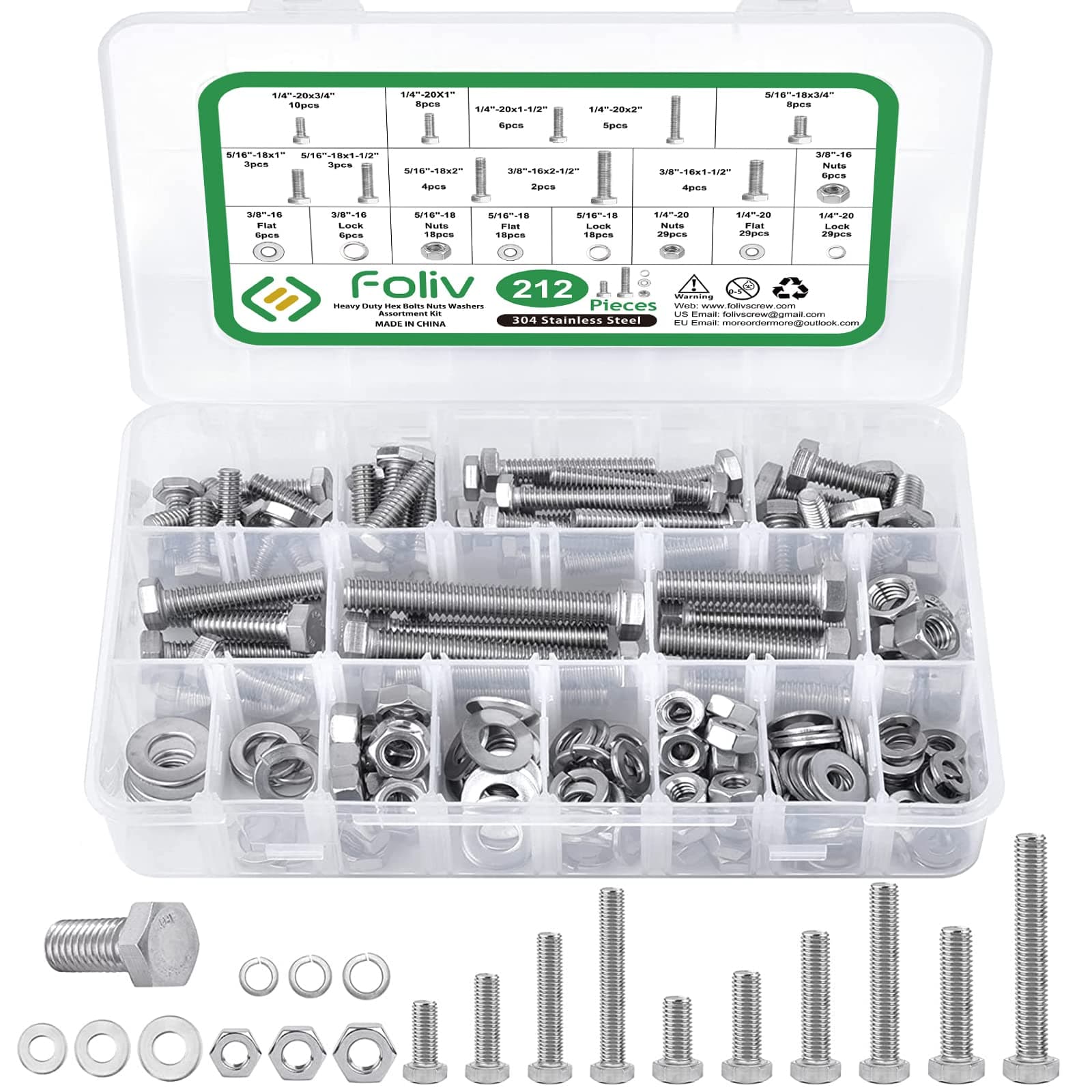 Foliv212PCS SAE Hex Bolts Nuts Flat Spring Washers Assortment Kit, Heavy Duty 304 Stainless Steel, 10 SAE Sizes Included