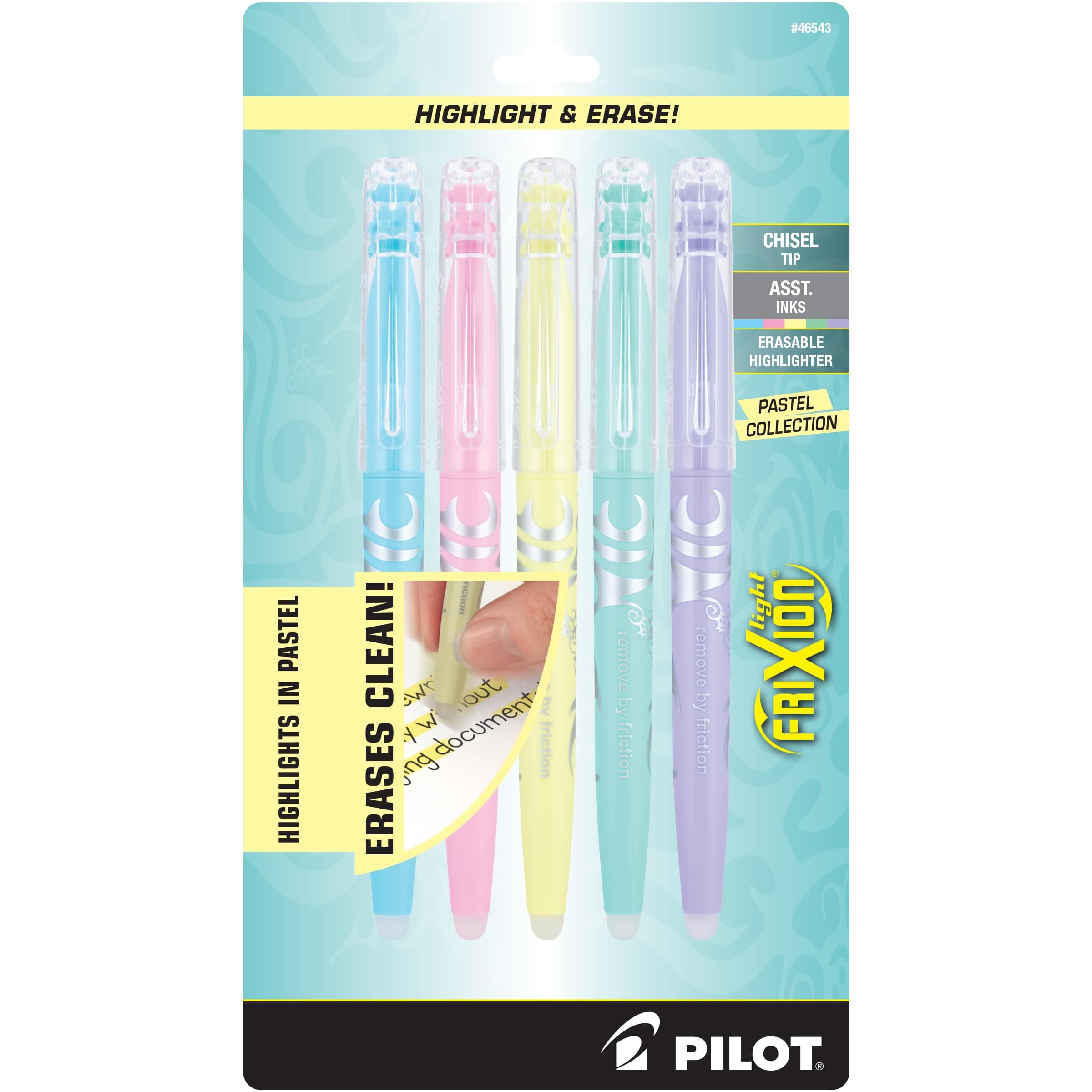 Pilot Frixion Light Pastel Collection Erasable Highlighters, Chisel Tip, Assorted Color Inks, 5-Pack (46543)