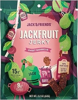 Jack & Friends Jackfruit Jerky Sweet BBQ - Plant Based Vegan Jerky Snack, Healthy Meatless Jerky Alternative Made from Jackfruit - 15g Protein, 9g Fiber, Gluten Free, Soy Free, Low Sugar - 2.2 oz (1 Pack)