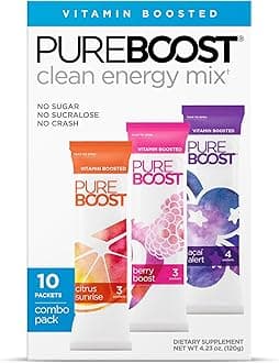 Clean Energy Booster, Refreshing Energy Drink Mix with B12 Vitamins, Electrolytes, Antioxidants, Sugar-Free with No Sucralose (Combo Pack, 10 Count)