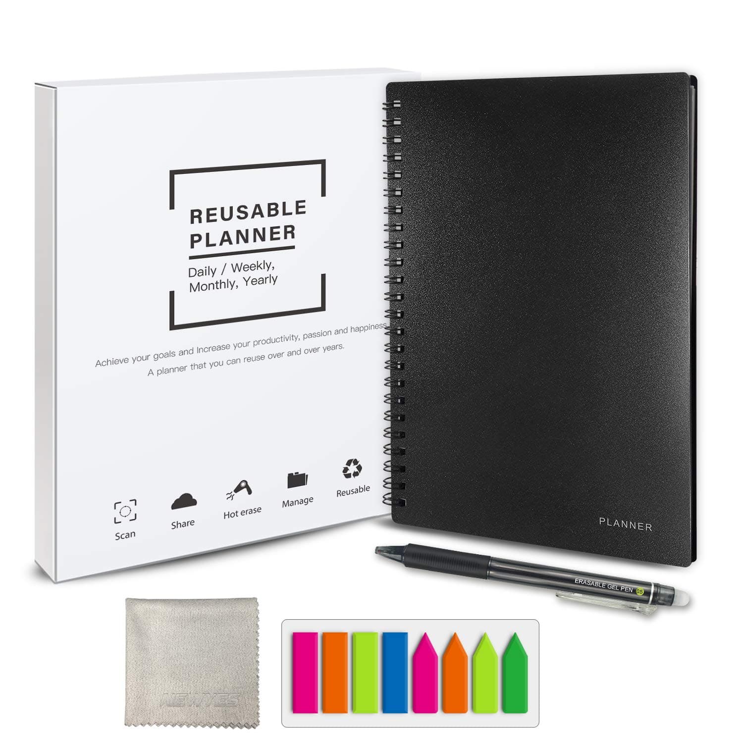 Reusable Planner Notebook, Personal Organizer A5 Smart Notebook Erasable Cloud Storage(Daily Planner,103 Pages,Black)
