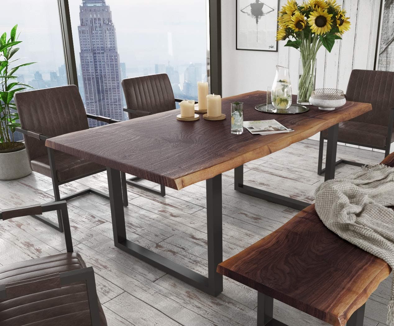 Brylee Collection Modern Style Live Edge Solid Acacia Wood Top 6 Persons Dining Table with Metal U-Legs, Brown