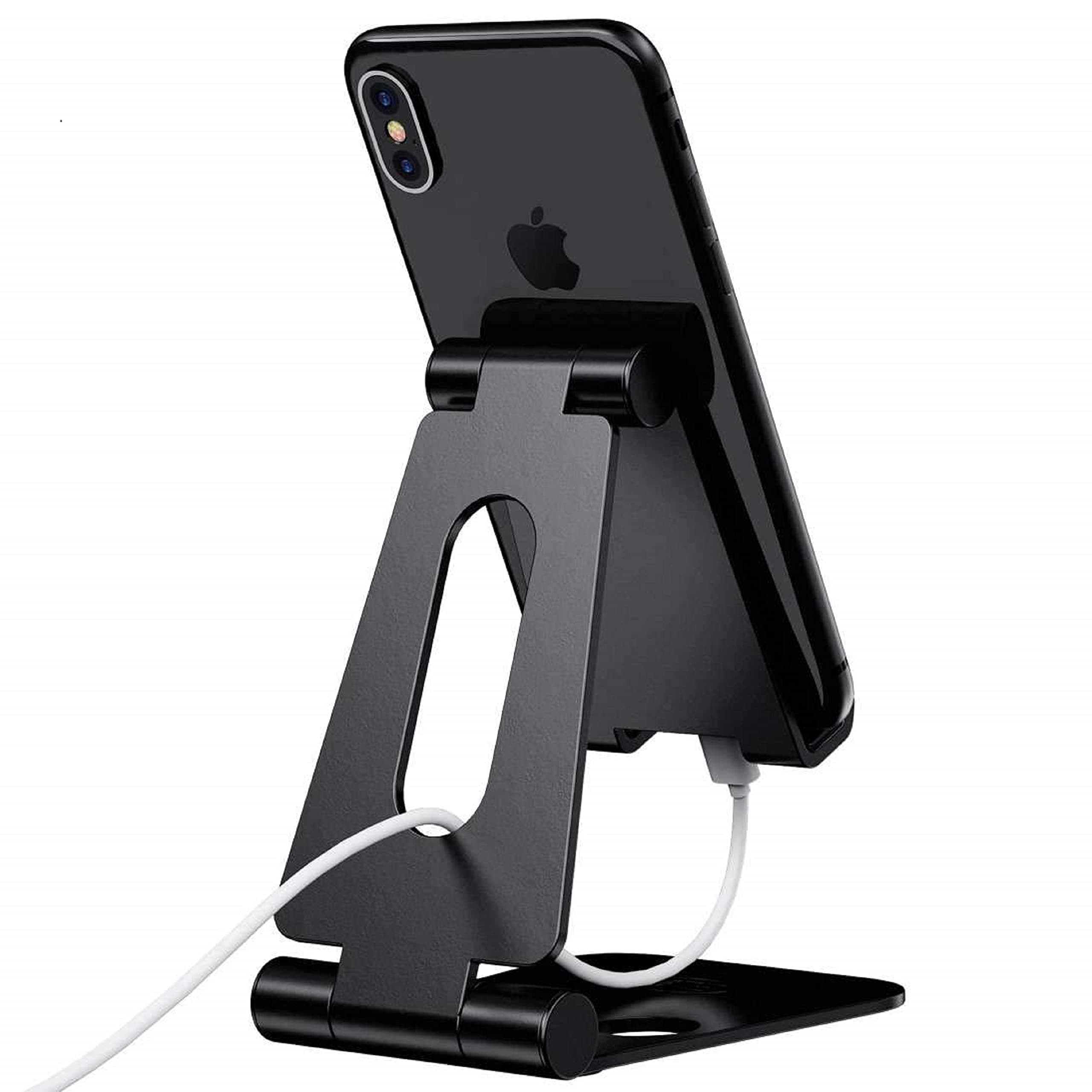 ELV Aluminum Adjustable Mobile Phone Foldable Holder Tabletop Stand, Dock Mount for All Smartphones, Tabs, Kindle, iPad (Black)