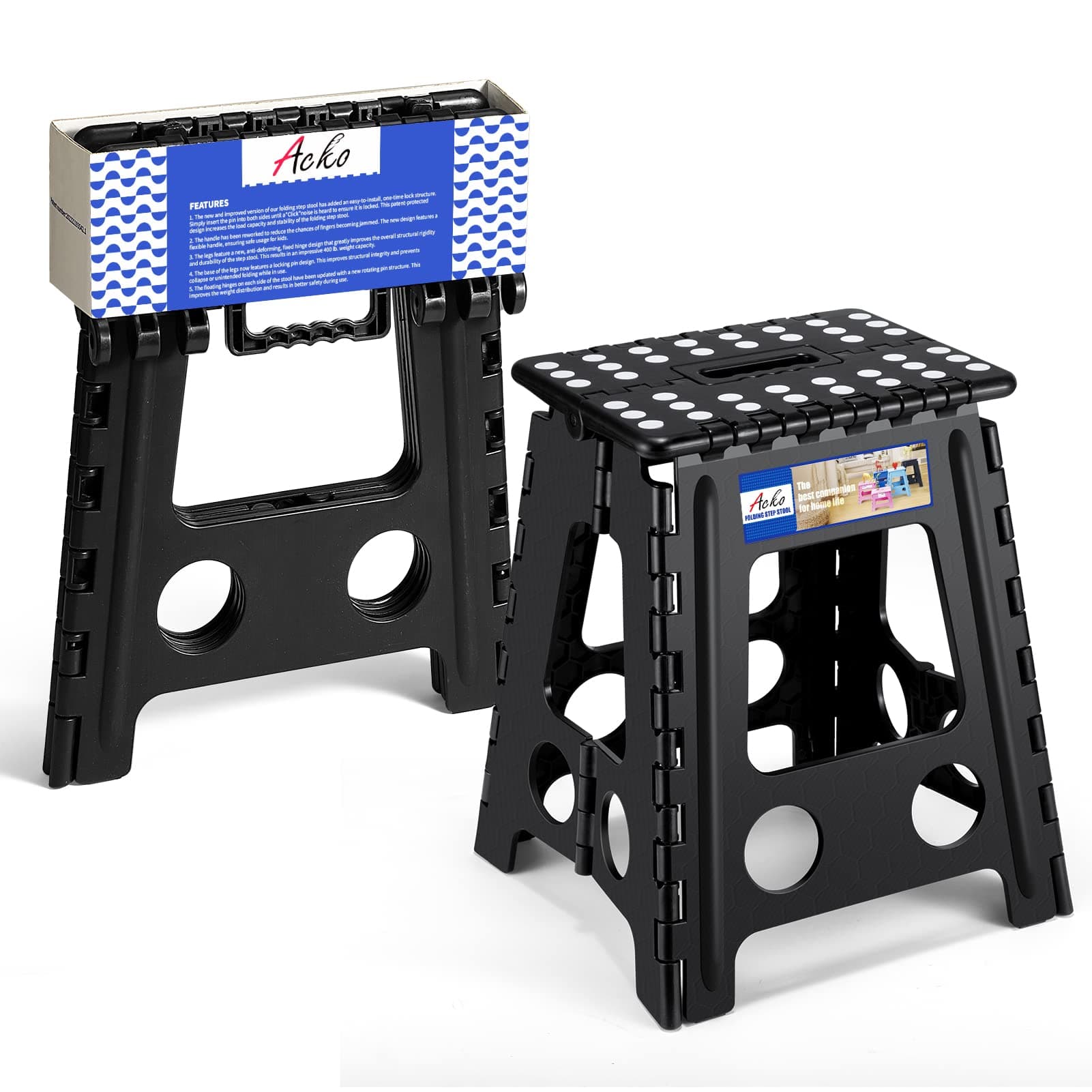 Acko 16 Inches Super Strong Folding Step Stool for Adults and Kids, Kitchen Stepping Stools, Garden Step Stool Black