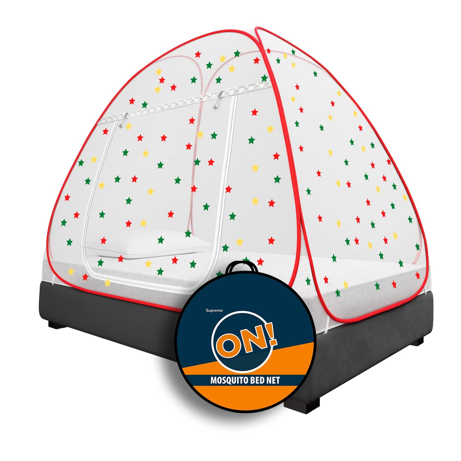 KOLAR Supreme On Mosquito Net for Single Bed, 6.5 Feet X 4 Feet Premium Machardani with 30 Pair of Stars, Strong and Durable, 30 GSM, Tent Type, Foldable, Corrosion Resistant (Single Bed, Red)