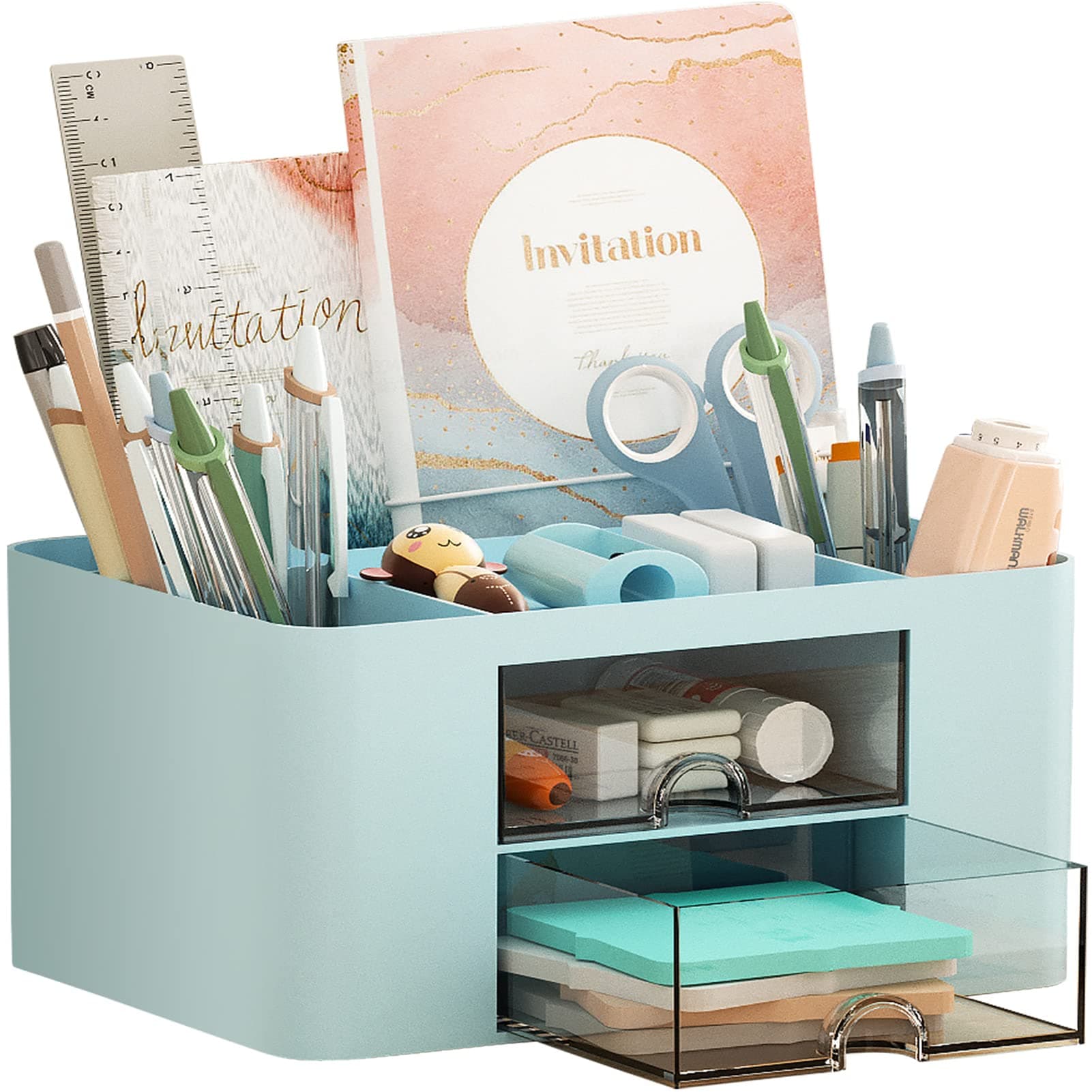 Marbrasse Multi-Functional Desk Organizer with 5 Compartments + Drawer for Office Art Supplies (Blue)