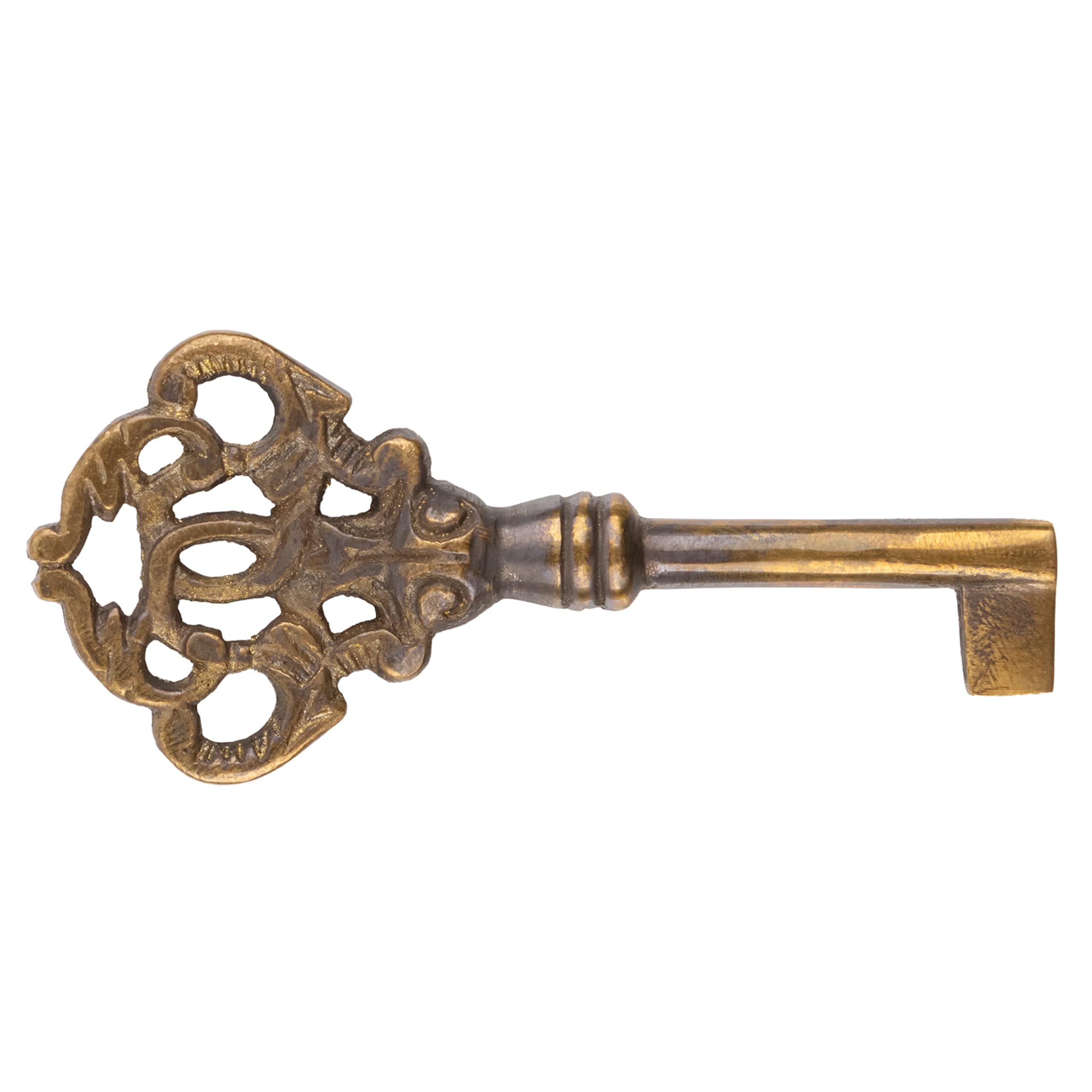 Hand Aged Solid Brass Antique Skeleton Key - Hollow Barrel Fancy Key for Cabinet Doors, Grandfather Clocks - SK40-BHA