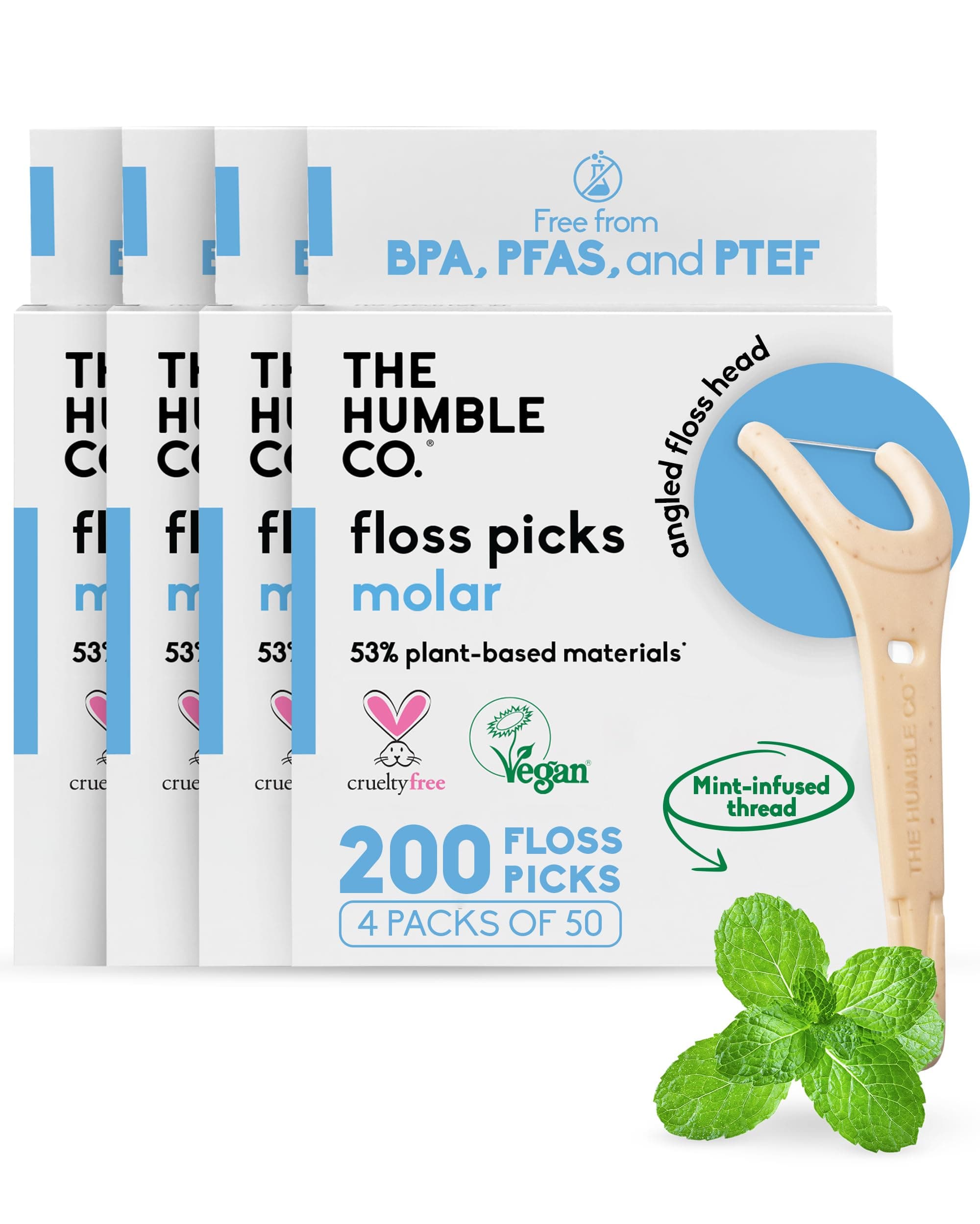 The Humble Co Molar Floss Picks for Teeth, 200 Count (Mint) - Angled Dental Flossers with Extended Reach for Molars & Back Teeth - Plant-Based Floss for Interdental Oral Care, Hygiene & Gum Health