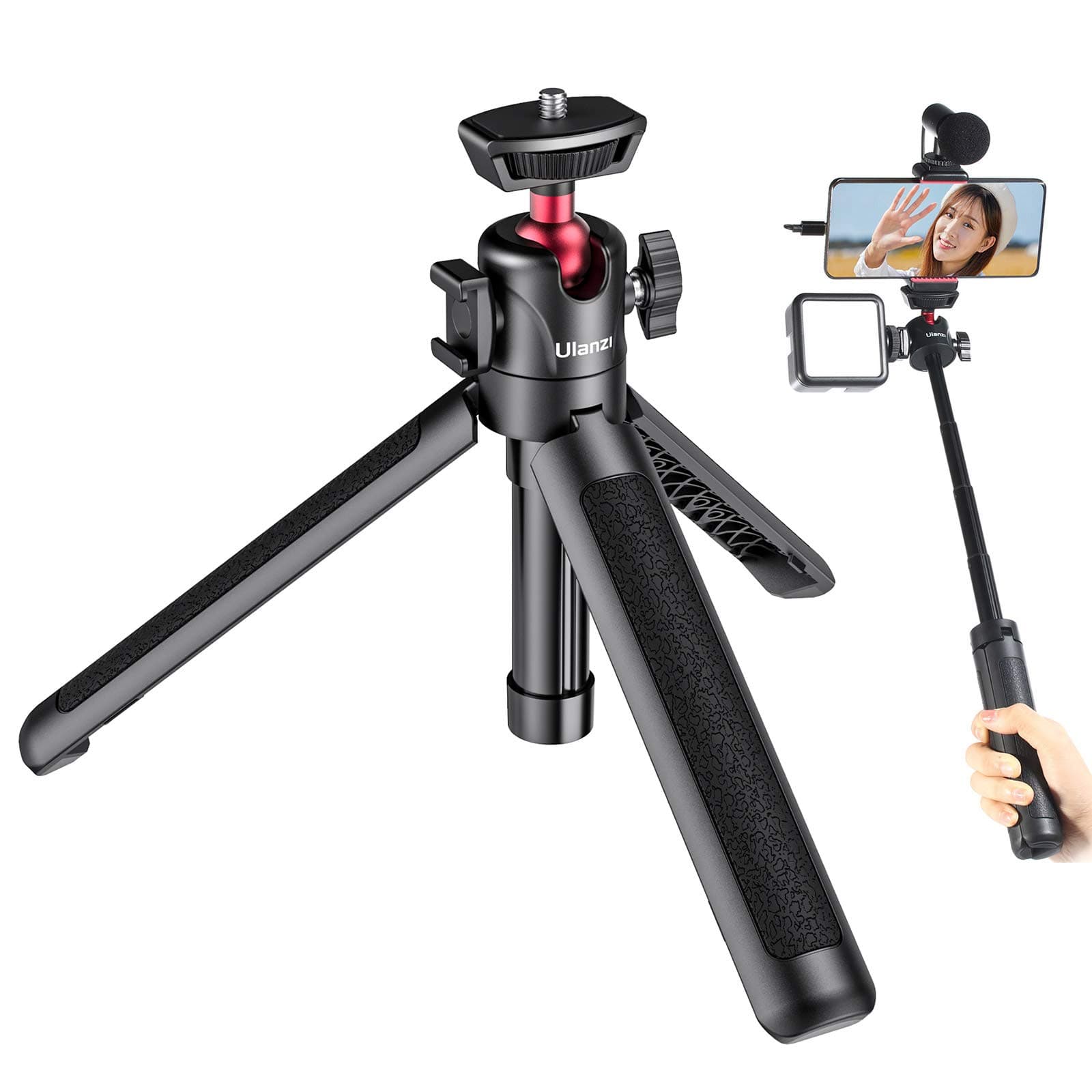 MT-16 Extendable Mini Camera Tripod | 4 Levels Adjustment | 360° Ball Head Cold Shoe | Lightweight Portable Vlog Travel Selfie Stick Handle Grip | Desktop Tripod for DSLR Mirrorless Camera Vlog