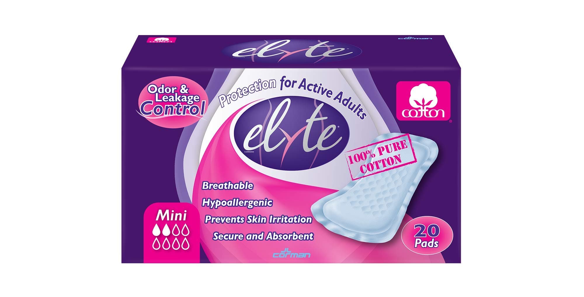 Elyte - 100% Pure Cotton Bladder Control Pads - Sensitive Skin Safe - Mini,, Super, 20 Count (Pack of 1) (801686700590)