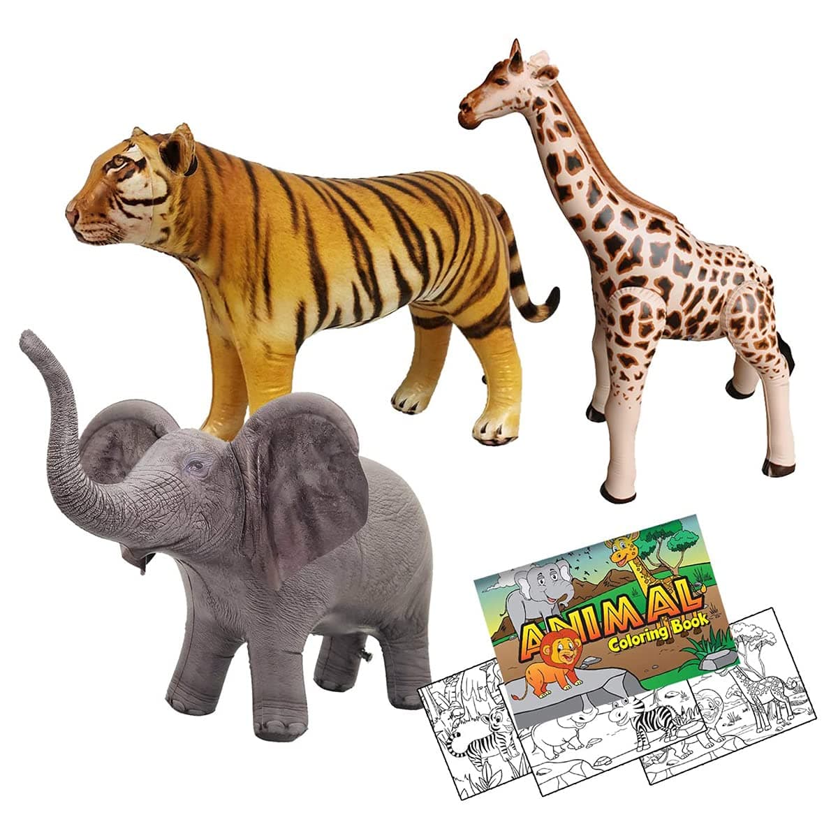 Giraffe Elephant Tiger Air Stuffed Animal, 3 pcs Bundle, Multi, 36+ inches, Realistic Inflatable Wildlife, JC-GET3