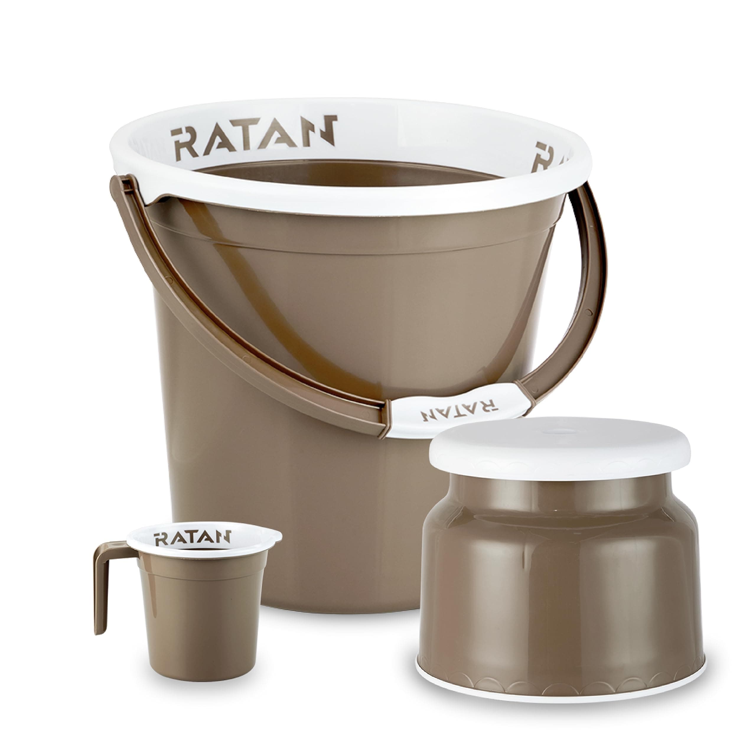 RATAN PLASTICWARE Plastic Bathroom Set of 3 Pieces Combo Pack Gloria Plain 18 Liters Bucket + Nova Stool Patla 107 + Gloria Plain Bath Mug 1 Liter Color Light Brown
