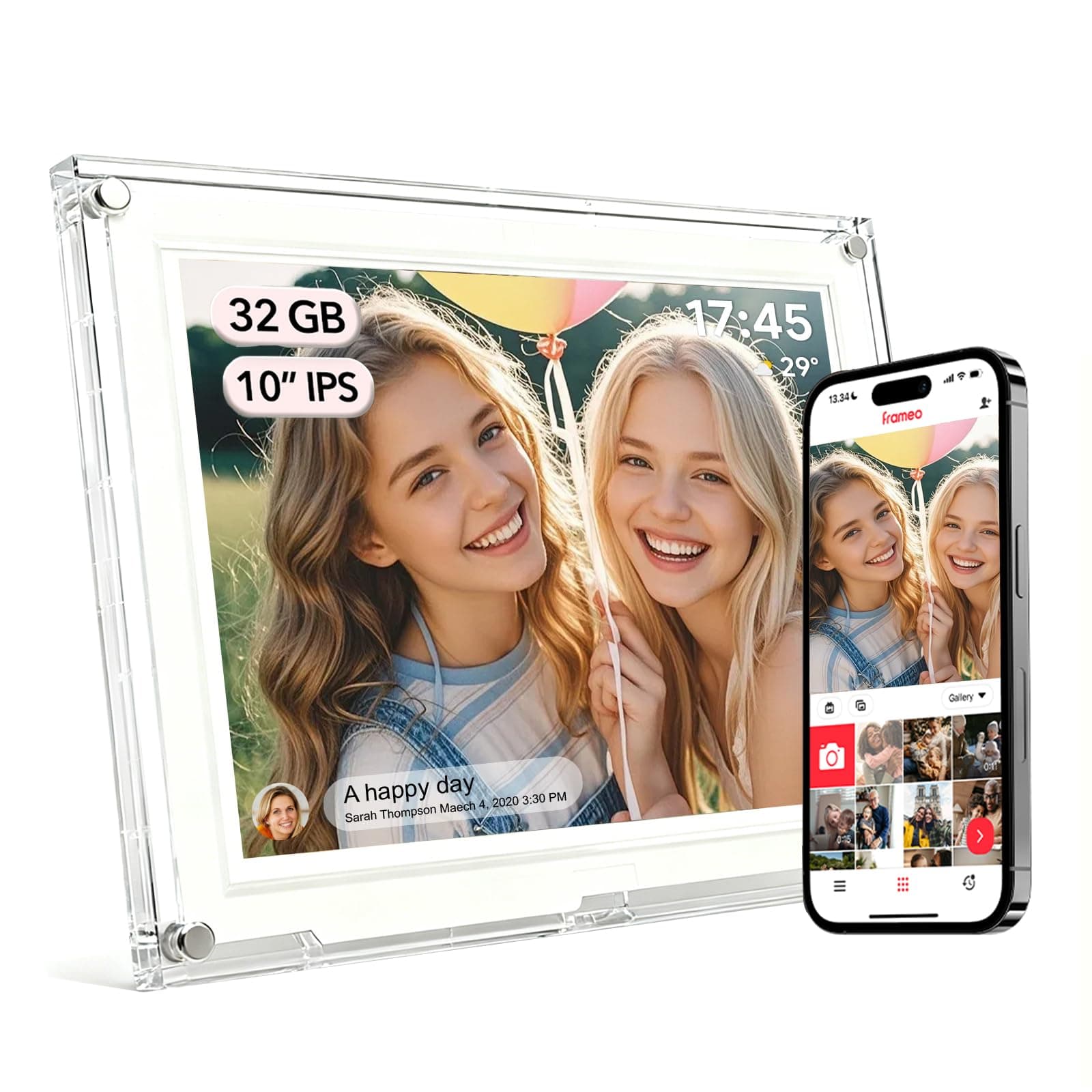 10.1 Inch Acrylic Digital Picture Frame with Frameo App, WiFi Smart Photo Frame, 32GB, HD IPS Touch Screen, Instantly Share Photos & Videos, for Family (AMABOO)
